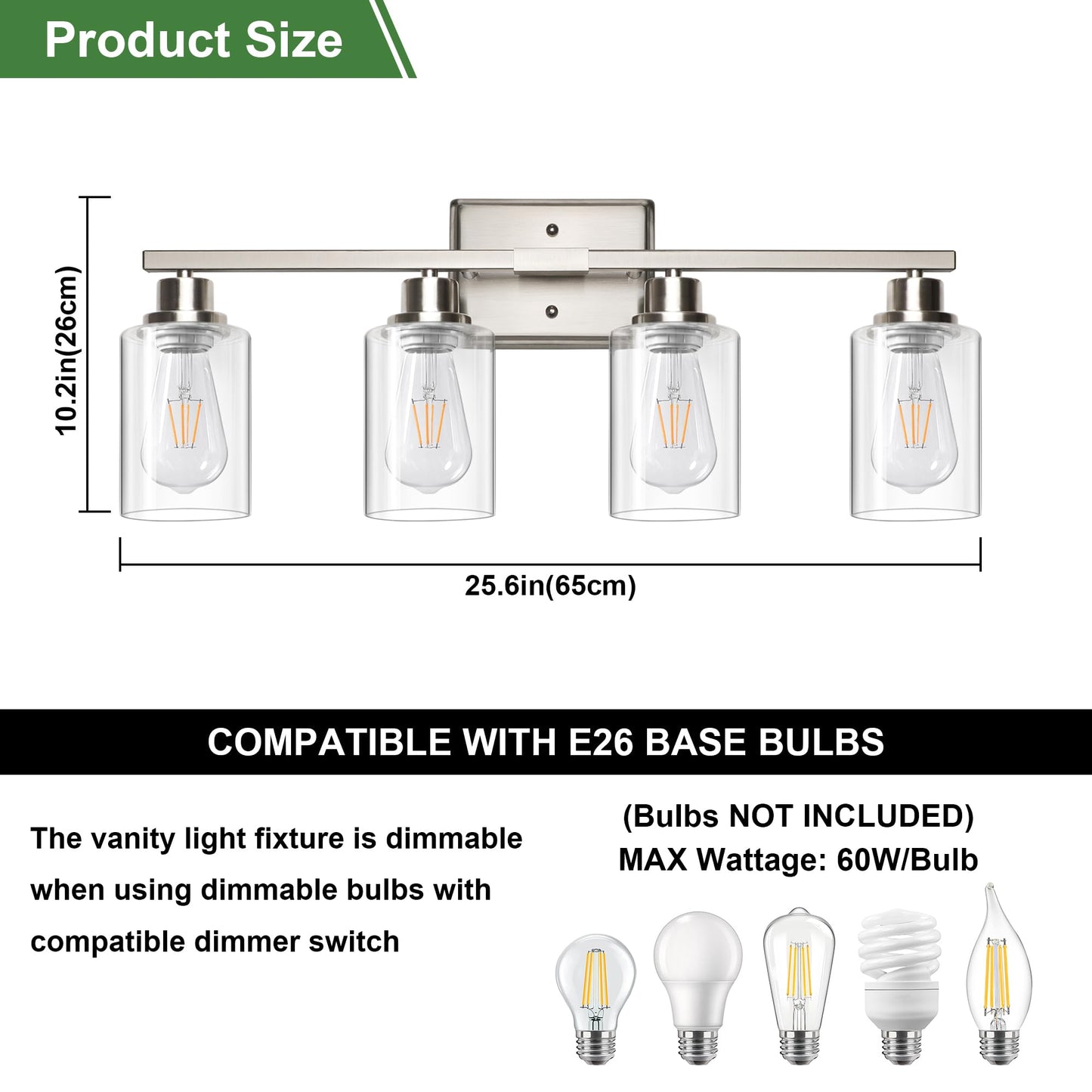 Ascher Bathroom Light Fixtures, 4-Light Vanity Lights with Clear Glass Shade, Modern Brushed Nickel Wall Light for Mirror Bedroom Hallway Cabinet Porch