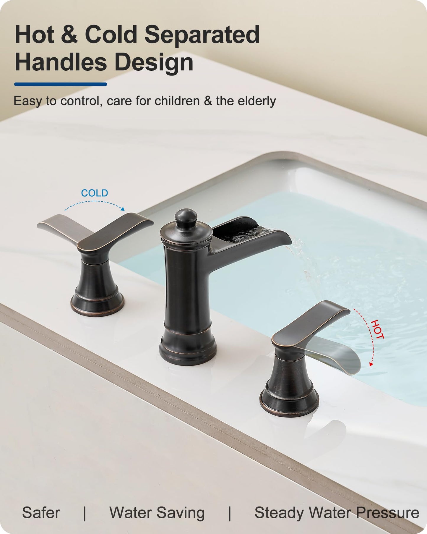 HEYMYTAP 4-16 Inch Oil Rubbed Bronze Waterfall Bathroom Faucet 3 Hole, Brass Bathroom Sink Faucet 2 Handles Widespread with Pop-up Drain & cUPC Supply Hoses for Vanity, Lavatory, Restroom, Farmhouse