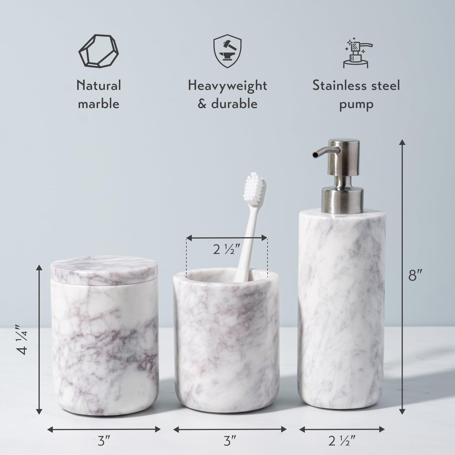 Cork & Mill Marble Bathroom Accessories Set, Solid Natural Marble, Complete Vanity Set with Soap Dispenser, Toothbrush Holder & Canister with Lid for Qtips, White Bathroom Countertop Decor