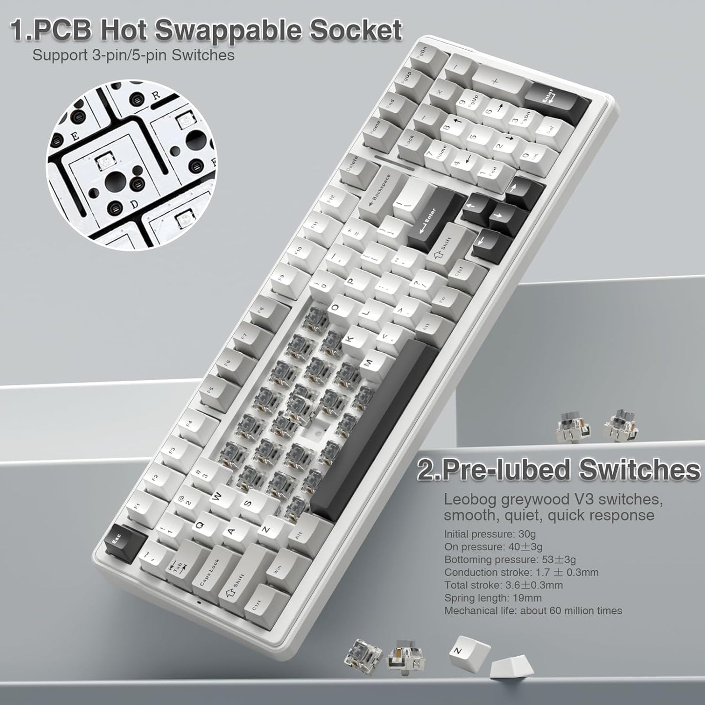 AULA F99 Wireless Mechanical Keyboard,Tri-Mode BT5.0/2.4GHz/USB-C Hot Swappable Custom Keyboard,Pre-lubed Linear Switches,Gasket Structure,RGB Backlit Gaming Keyboard for PC/Tablet/PS/Xbox