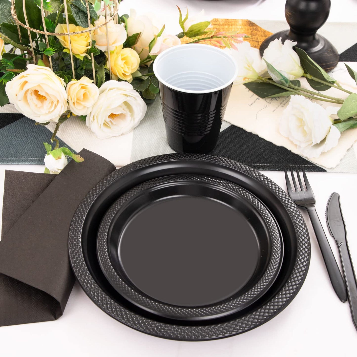 MirthMood 350PCS Black Disposable Plates, Black Party Supplies, Includes 50 Dinner Plates, 50 Salad Plates, 50 Silverware, 50 Napkins and 50 12OZ Cups.