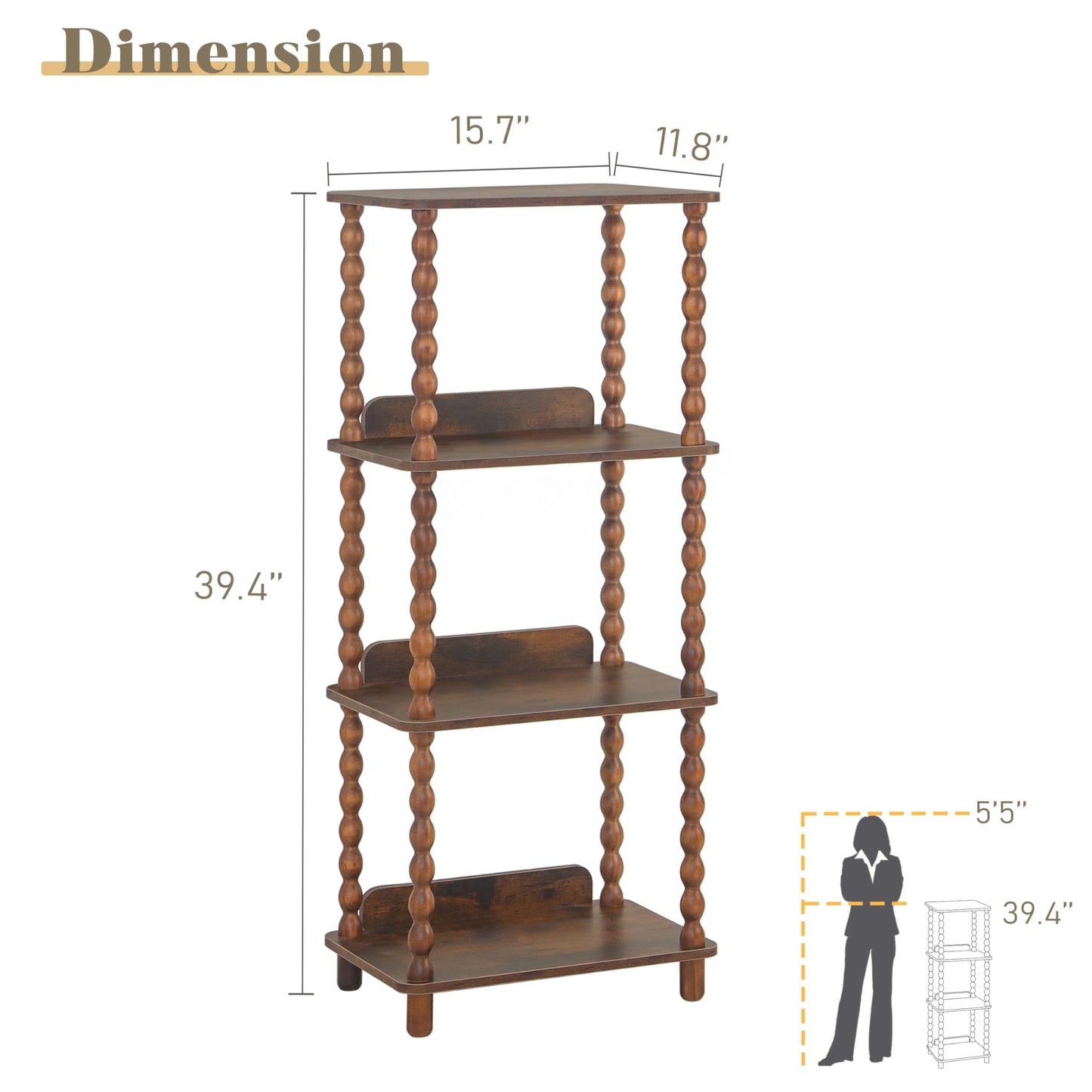Fultyle Book Shelf, 4-Tier Bookshelf with Storage, Small Bookcase Display Shelves for Small Spaces, Bedroom, Living Room and Office with Solid Wood Legs (Rustic Brown)