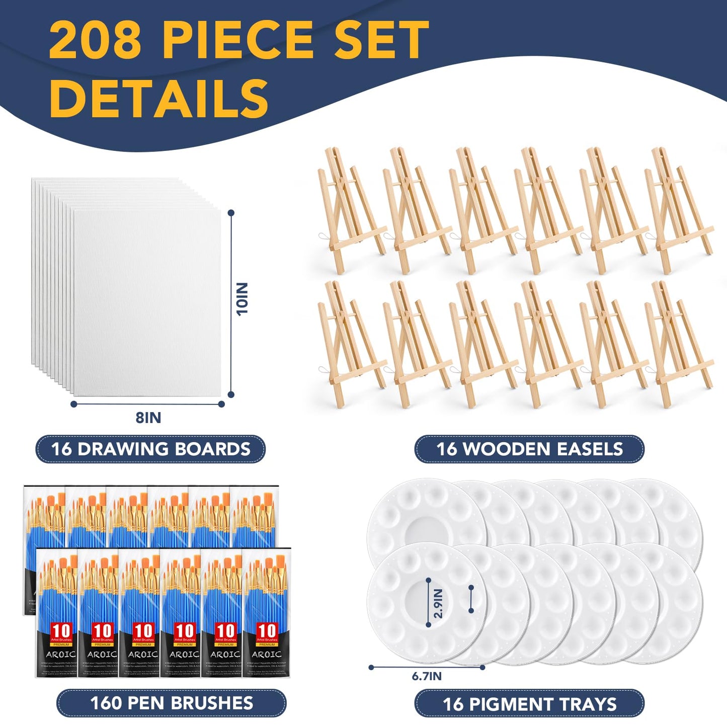 AROIC 208 Pack Easel and Canvas Sets with 16 Wood Easels,160 Brushes,16 Canvas and 16 Palette, Painting Set, Tabletop Easel, Art Easels, Painting Supplies for Kids & Adults to Paint Party