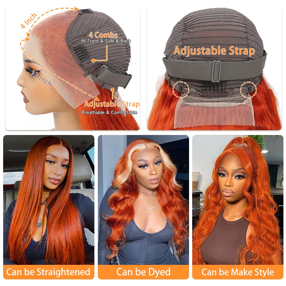 VKVL Ginger Lace Front Wigs Human Hair Pre Plucked 26 Inch 200% Density Hd Lace Front Wigs Human Hair 13x4 Ginger Orange Body Wave Lace Frontal Wigs Human Hair Colored Glueless Wigs