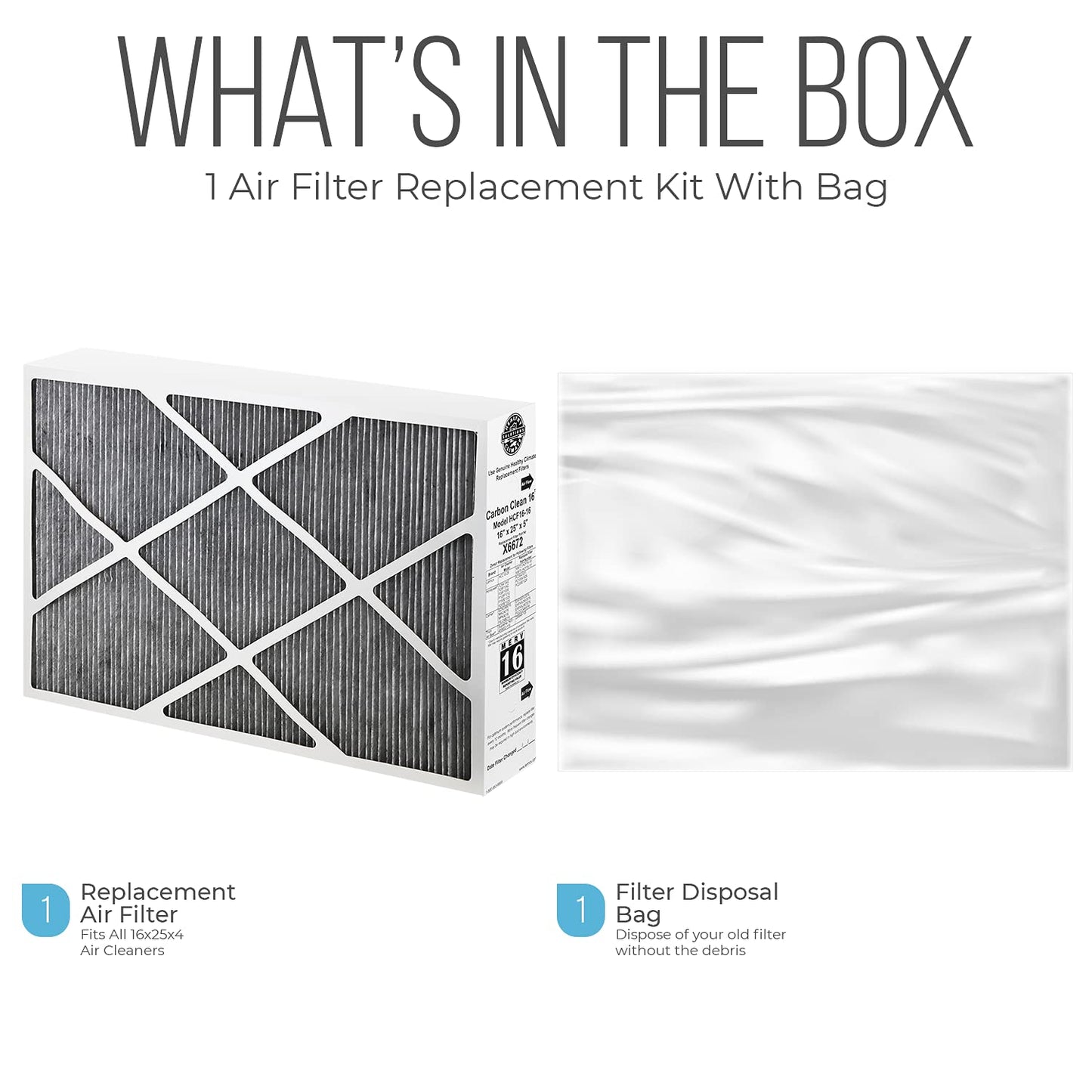 Lennox 16x25x5 Furnace Filter, X6672 Filter Replacement, Merv 16 Carbon Clean Filter Media with Homequip Disposal Bag 1-Pack (Actual Size: 15.8 x 24.8 x 4.3 Inches)