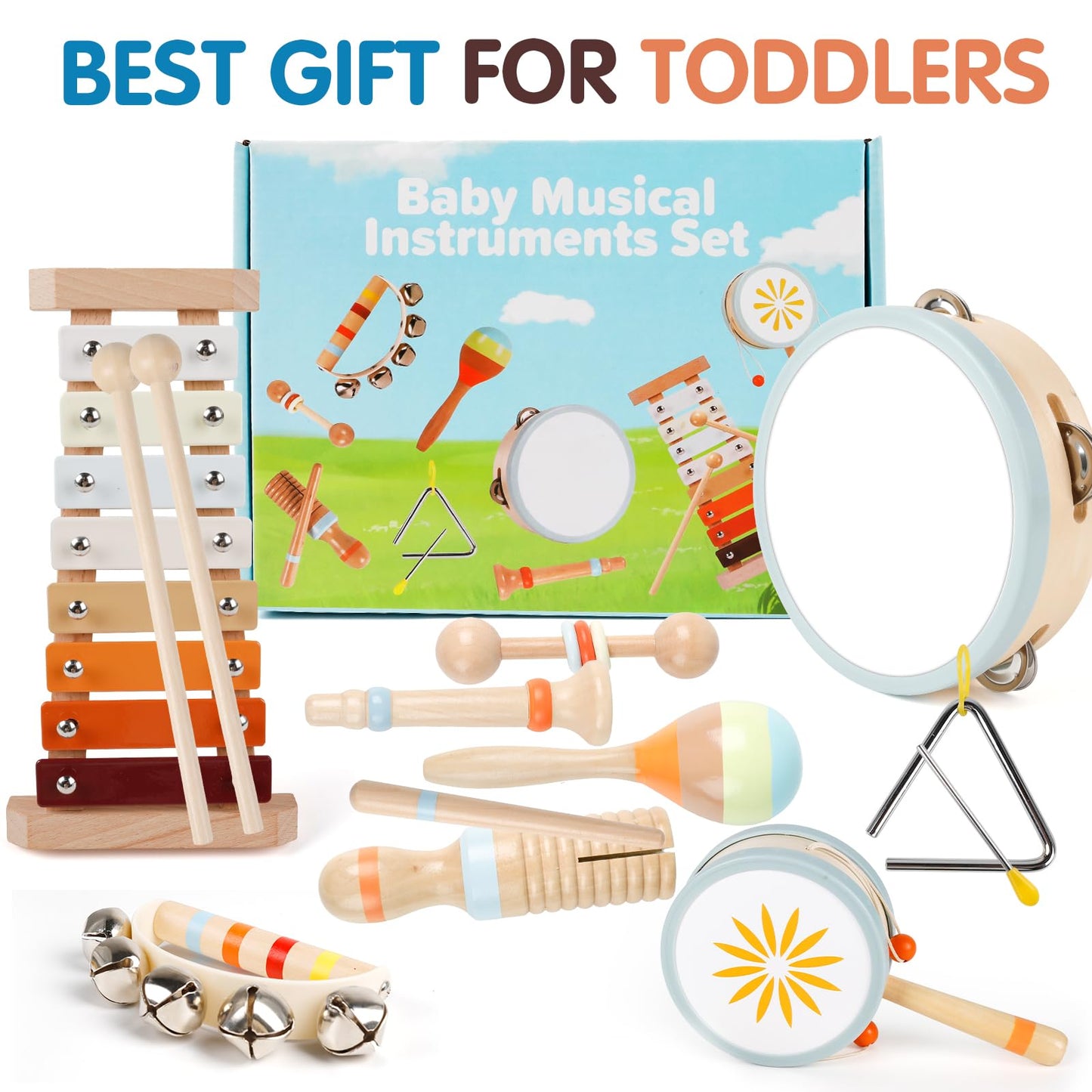 Toddler Musical Instruments-Montessori Wooden Educational Toys for Toddlers 1-3 Baby Musical Instruments Neutral Color Musical Instruments Set with Xylophone Maracas Bell Birthday Gift for Ages 1 2 3