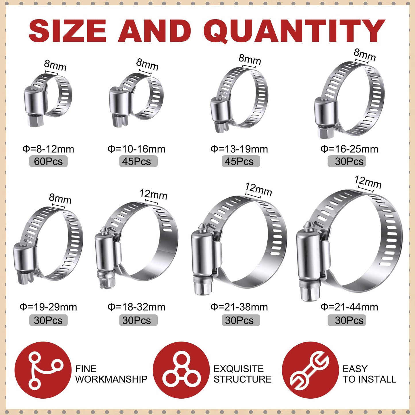 Shimeyao 300 Pcs Hose Clamp Assortment 1/4''- 1-3/4" (6-44 Mm) Stainless Steel Hose Clamps 304 Stainless Steel Worm Gear Fuel Line Clip for Automotive Plumbing Intercooler Tube