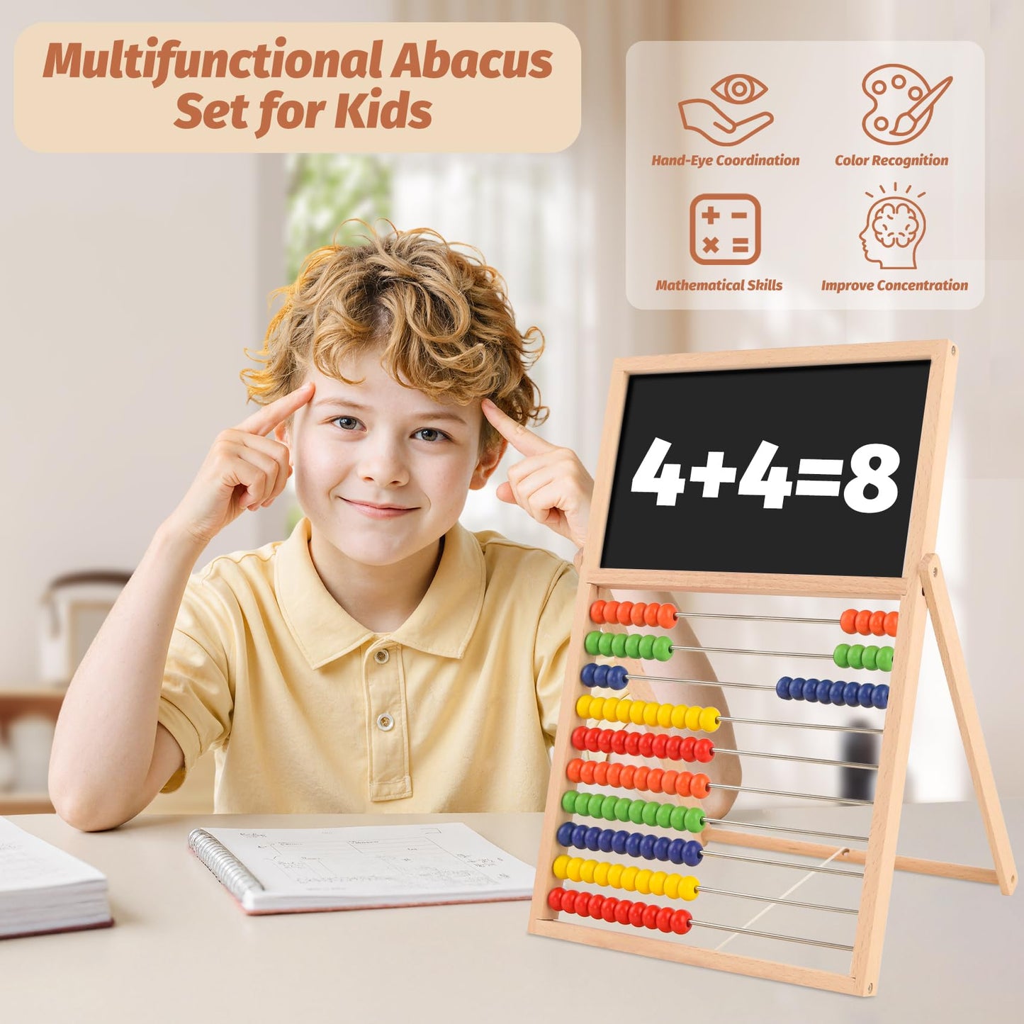 Wooden Abacus for Kids Math - Double-Sided Blackboard Whiteboard Magnetic Abacus for Toddlers with 100 Magnetic Number & Fruit Stickers - Educational Counting Games Kids Gift