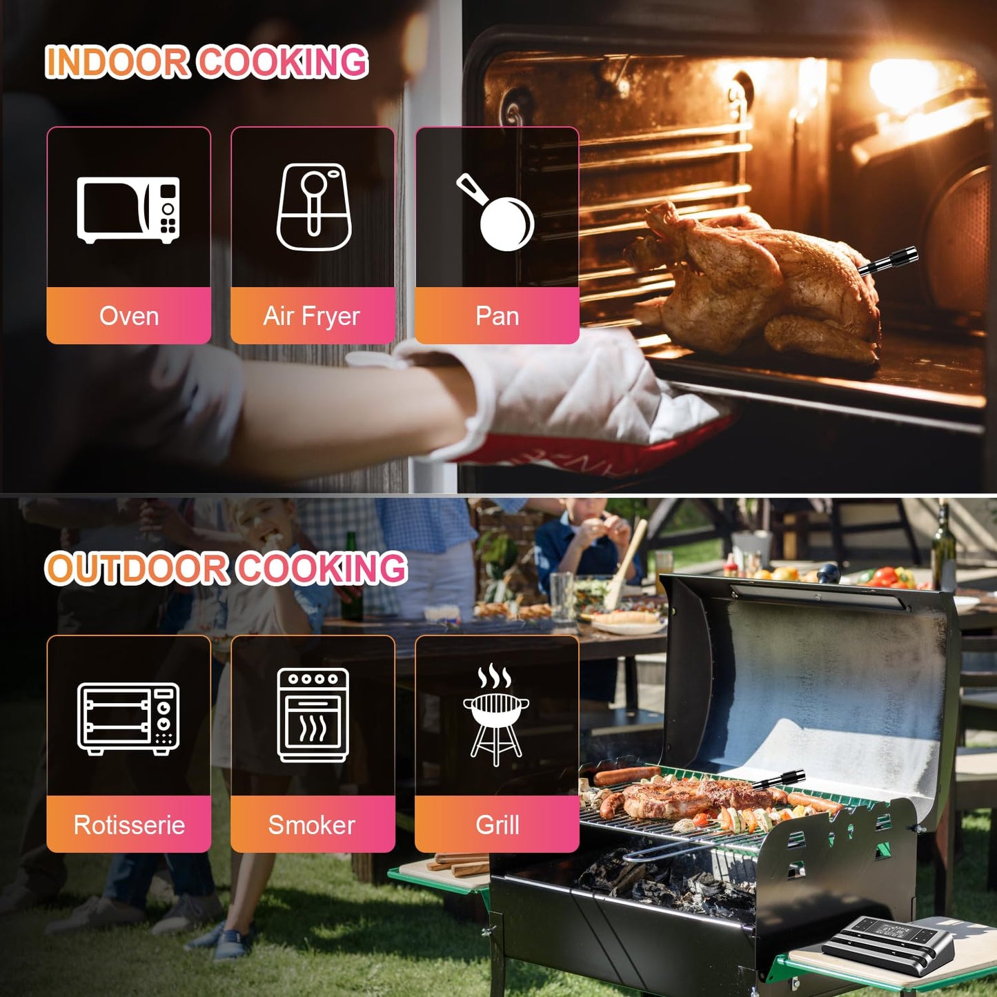 Wireless Smart Meat Thermometer with Dual-Sensor Probe, 500FT Remote Monitoring, Dedicated App, Real-Time Ambient and Food Temperature Tracking for Precise Cooking Control