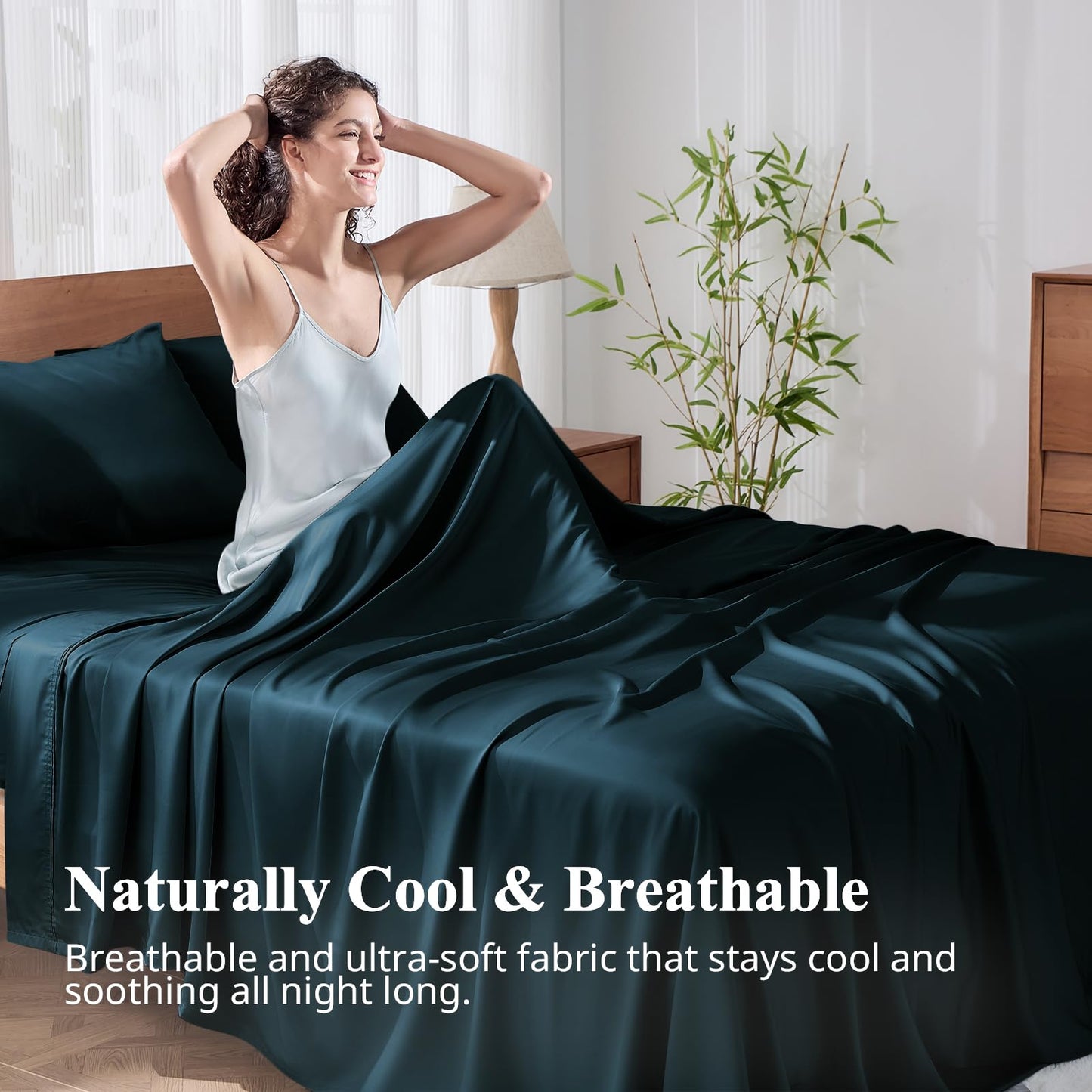 KRIMANO Full Size Sheet Set, Viscose Bamboo Sheets for Bed Set 4pcs, 100% Viscose Derived from Bamboo, Hotel Luxury Silky & Cooling for Hot Sleepers, Deep Pocket Up to 17", Navy Blue