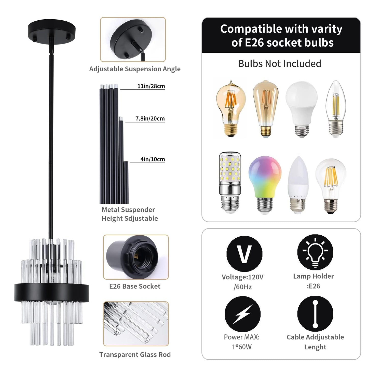 IkirourI Pendant Light Fixtures, 7inch Modern Glass Pendant Lights, Matte Black Kitchen Island Lighting, Height Adjustable Pendant Lighting (Matte Black, 1 Pack)