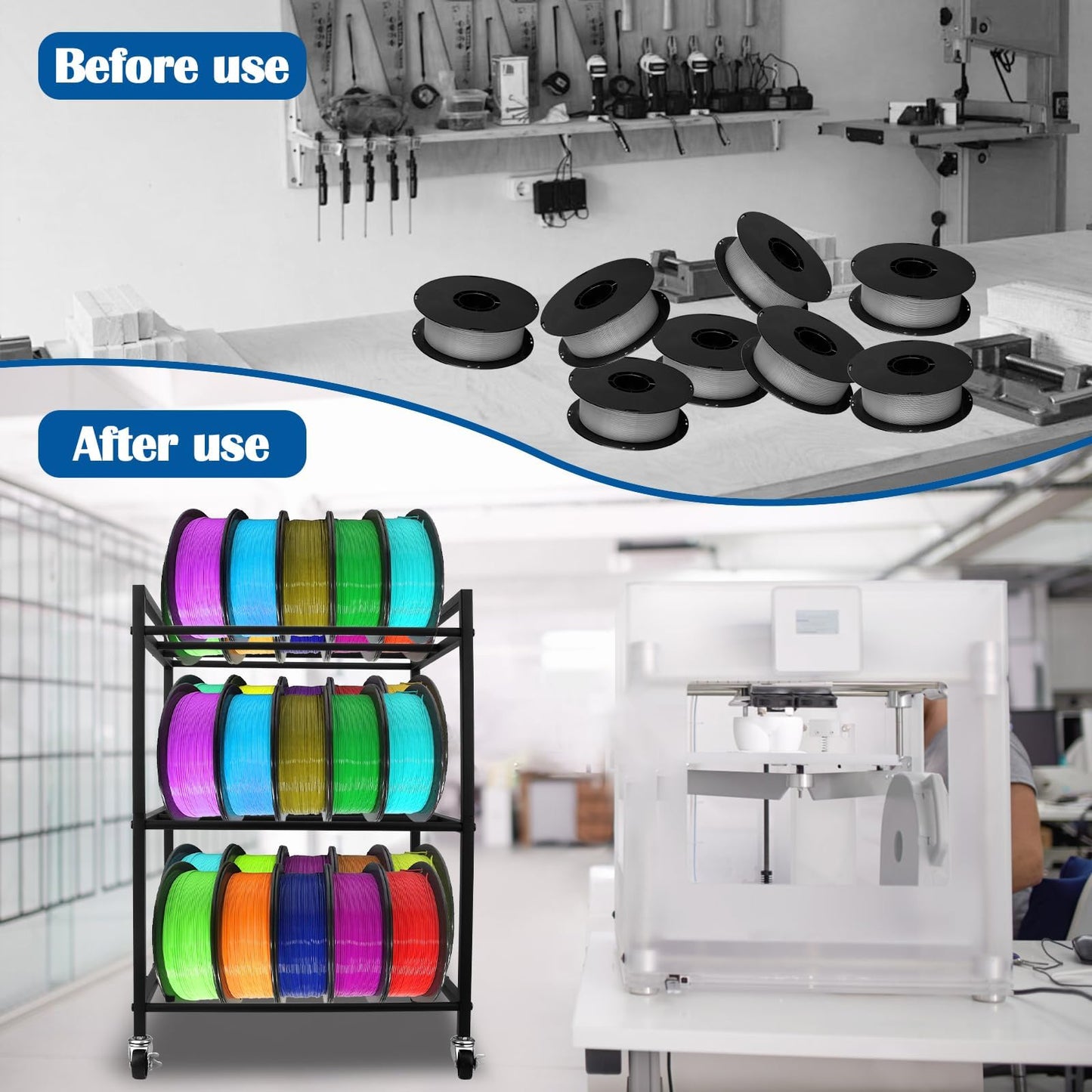 3D Printer Filament Storage Rack, 360 Rolling Spool Holders with Wheels, Heavy Duty Metal Shelf for PLA/ABS/TPU Filaments