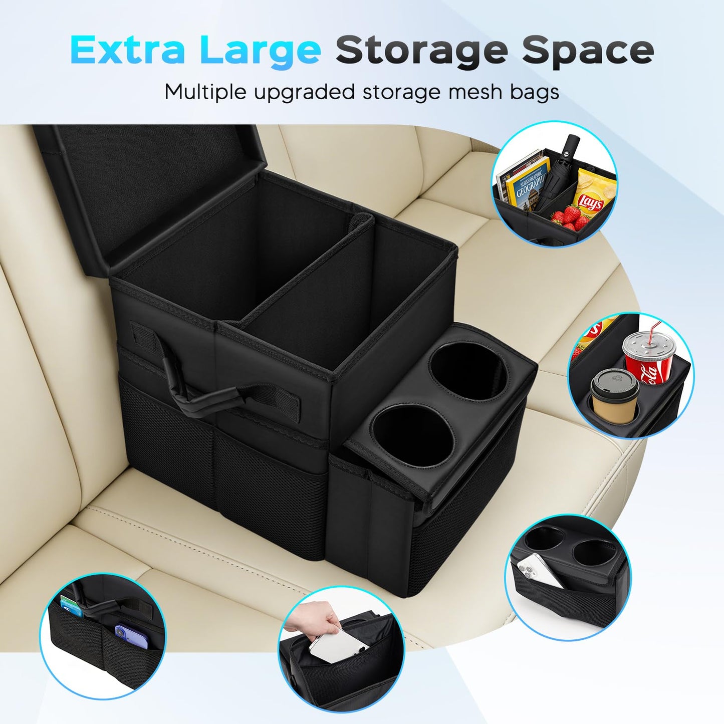 Foldable Bench Seat Center Console, Car Armrest Organizer Box with 2 Large Cup Holders & Massive Storage, Universal Portable Trunk Console Arm Rest for Car/Truck/Van/SUV Rear Organizers Back Seat
