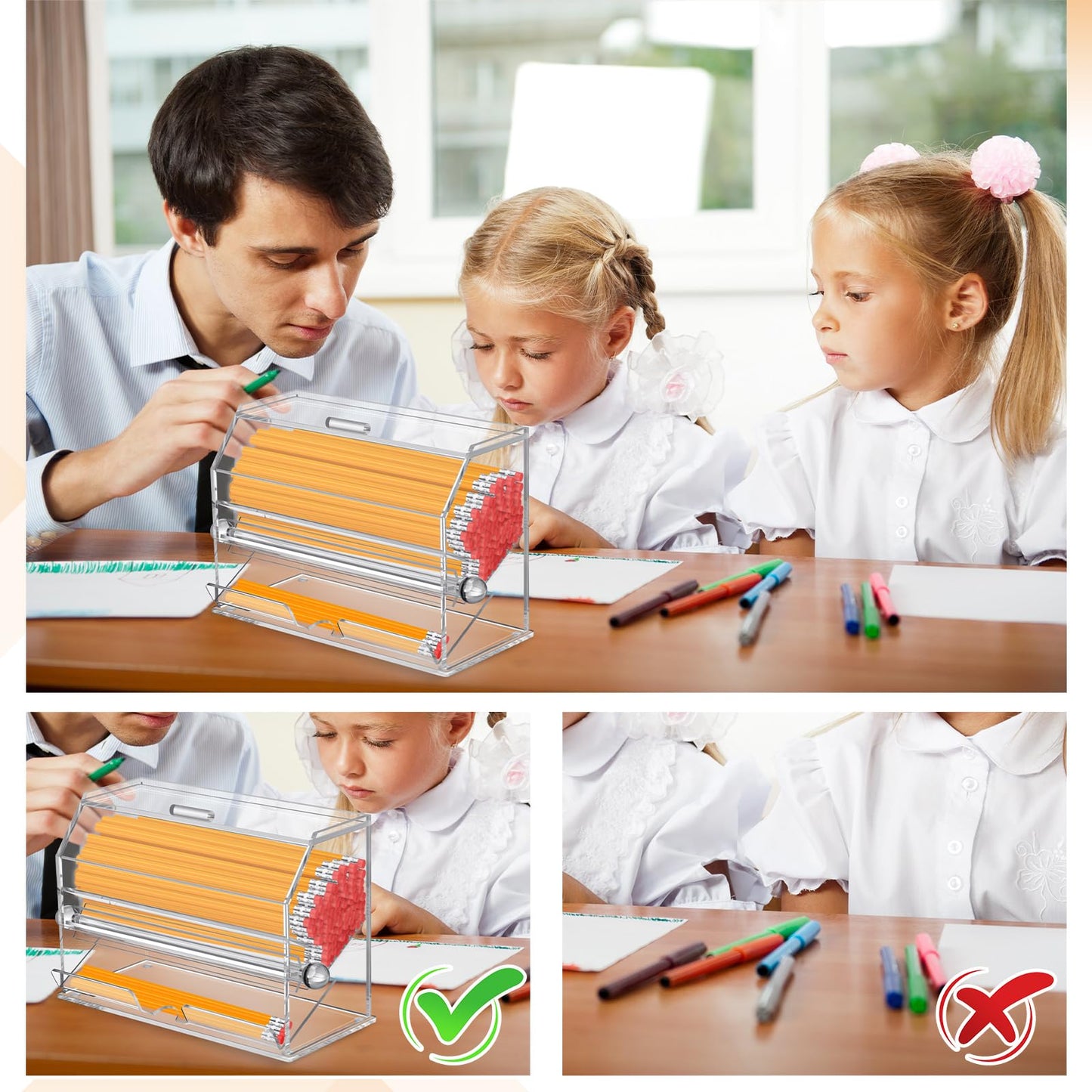 Pinkunn 2 Pcs Acrylic Pencil Dispenser Holder Clear Plastic Pencil Holder with Lid Rolling Knob Storage Box for Classroom Office Desk Teacher Students Bulk Organization Supply