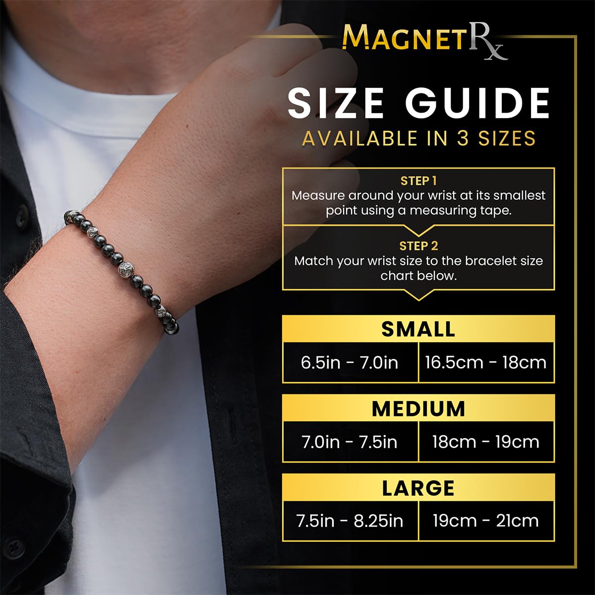 MagnetRX® Hematite Magnetic Bracelet – Max Strength Magnet Stones with Stainless Steel Charms – Elegant Magnetic Hematite Beaded Bracelets for Men (Armory | Large)