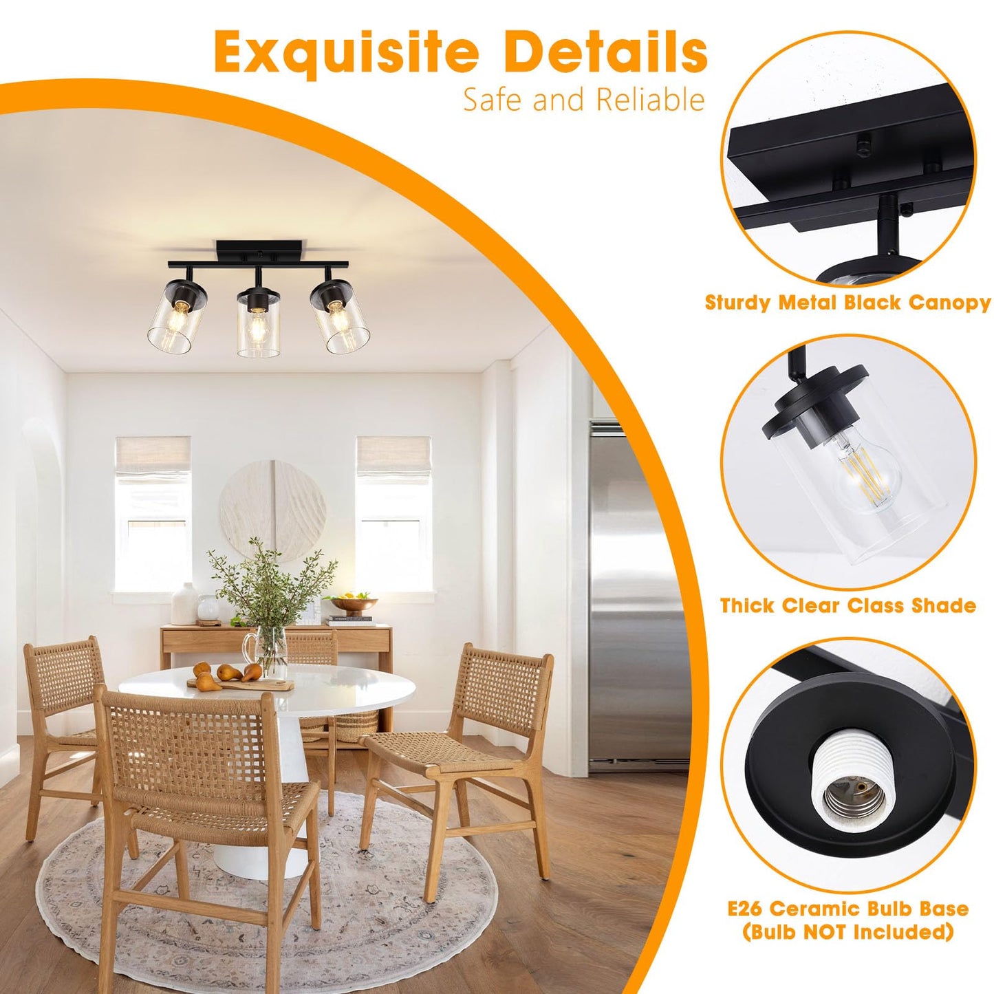 FadimiKoo 3-Lights Semi Flush Mount Ceiling Light, Adjustable Kitchen Light Fixtures Ceiling Mount with Clear Glass Shades, Rotatable Black Track Lighting Fixtures for Hallway, Foyer, Bedroom