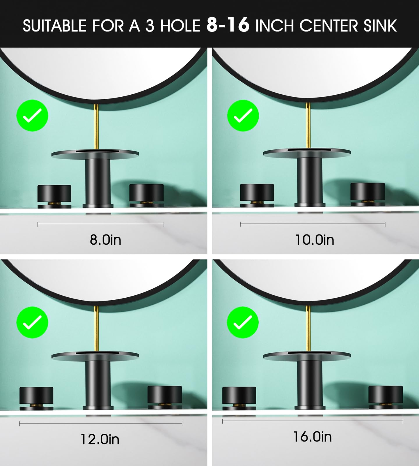 AUU Moon Bathroom Sink Faucet 3 Holes,Waterfall Bathroom Vanity Sink Faucets Solid Brass,2 Handles Widespread 8 Inch Basin Faucets (Black)
