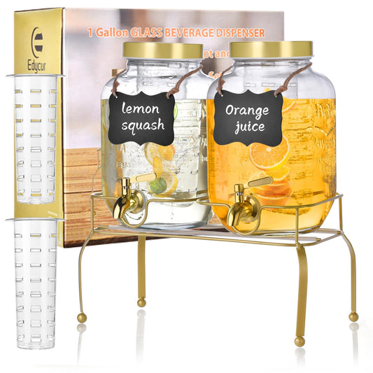 1 Gallon Glass Drink Dispenser Set of 2 – Drink Dispensers for Parties, Beverage Dispenser with Stand & 100% Leakproof Spigot, Ideal for Lemonade, Juice, Iced Tea, Laundry Detergent Dispenser
