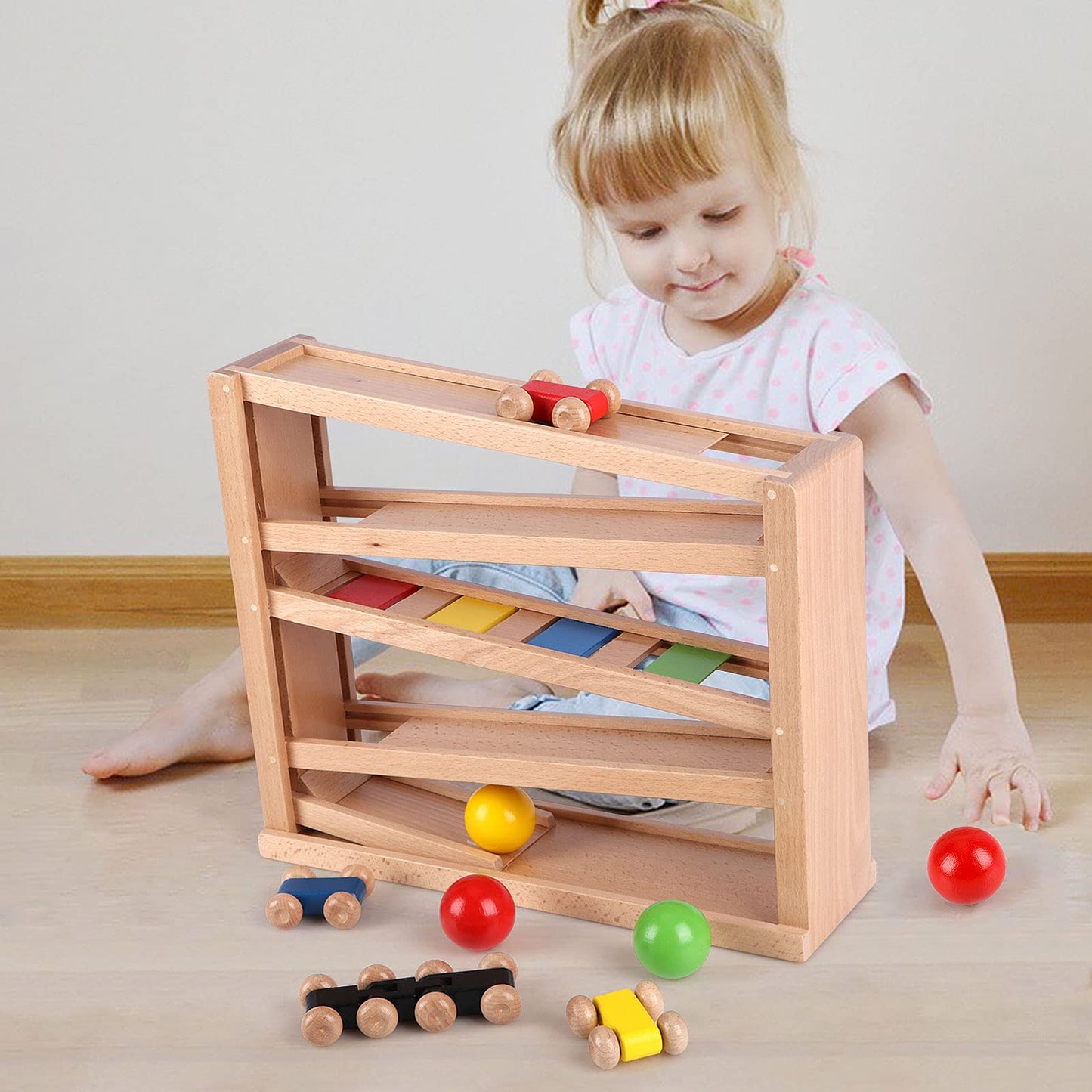 Qilay Wooden Race Track Car Ramp Racer Toy for Toddlers, 5 Level Race Car Ramp Toy Set Includes 4 Wood Cars and 3 Balls,Great Building Learning Toys or 3+ Years Old Boy and Girl
