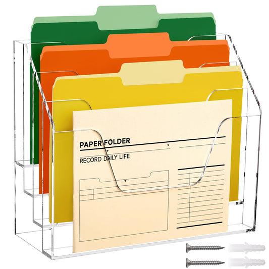 DINGHUO Acrylic Desk File Mail Organizer Wall Mounted, 4-Tier Hanging File Folder Holder, Clear Office Magazine Rack (Adhesive Hooks x 2)