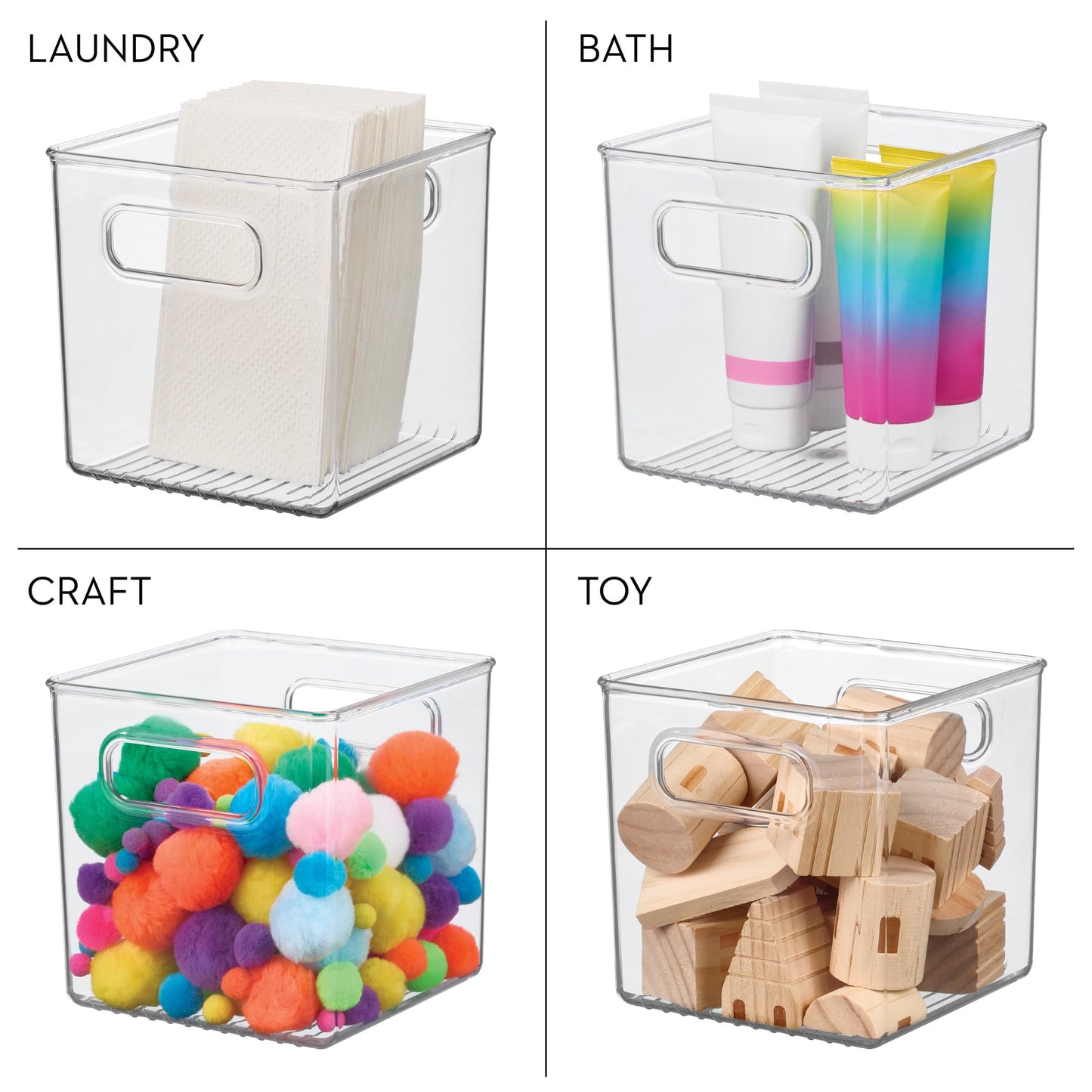 iDesign Storage Bin with Handles - Cube Organizer Bin for Pantry, Set of 4, Clear, Made in USA