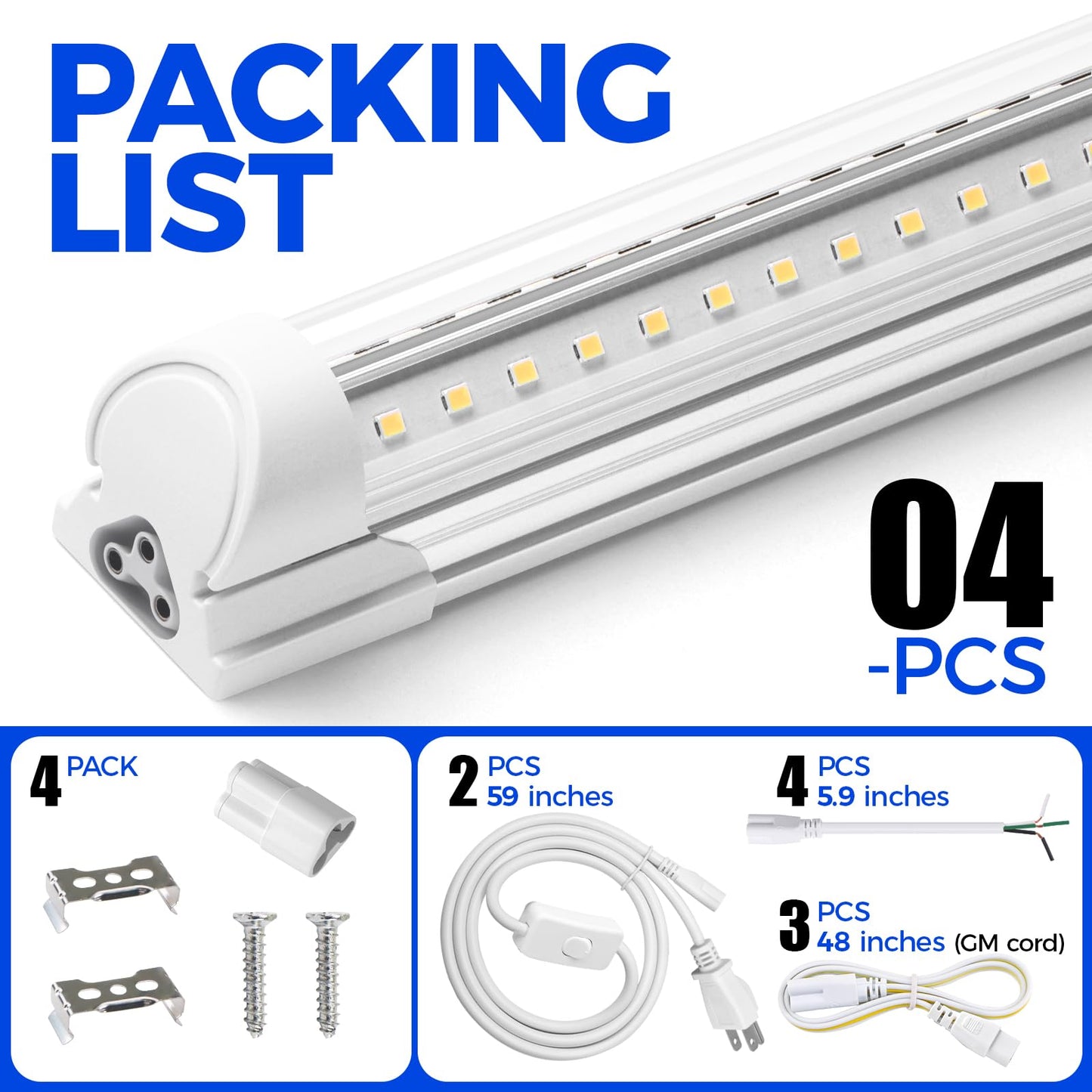 Barrina 5000K 2FT LED Shop Light, 3000LM, 20W, T8 Shop Lights for Garage, Workbench, Cabinet, Workshop, Room, LED Tube Lights, Linkable Ceiling Light Fixture with Built-in ON/Off Switch, ETL, 4 Packs