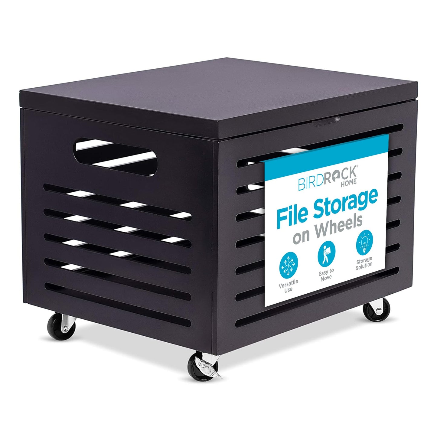 BIRDROCK HOME Bamboo Rolling File Storage Organizer Box with Lid - Decorative File Cabinet on Wheels, Portable File Box on Wheels, Mobile Filing Solution - Café Noir