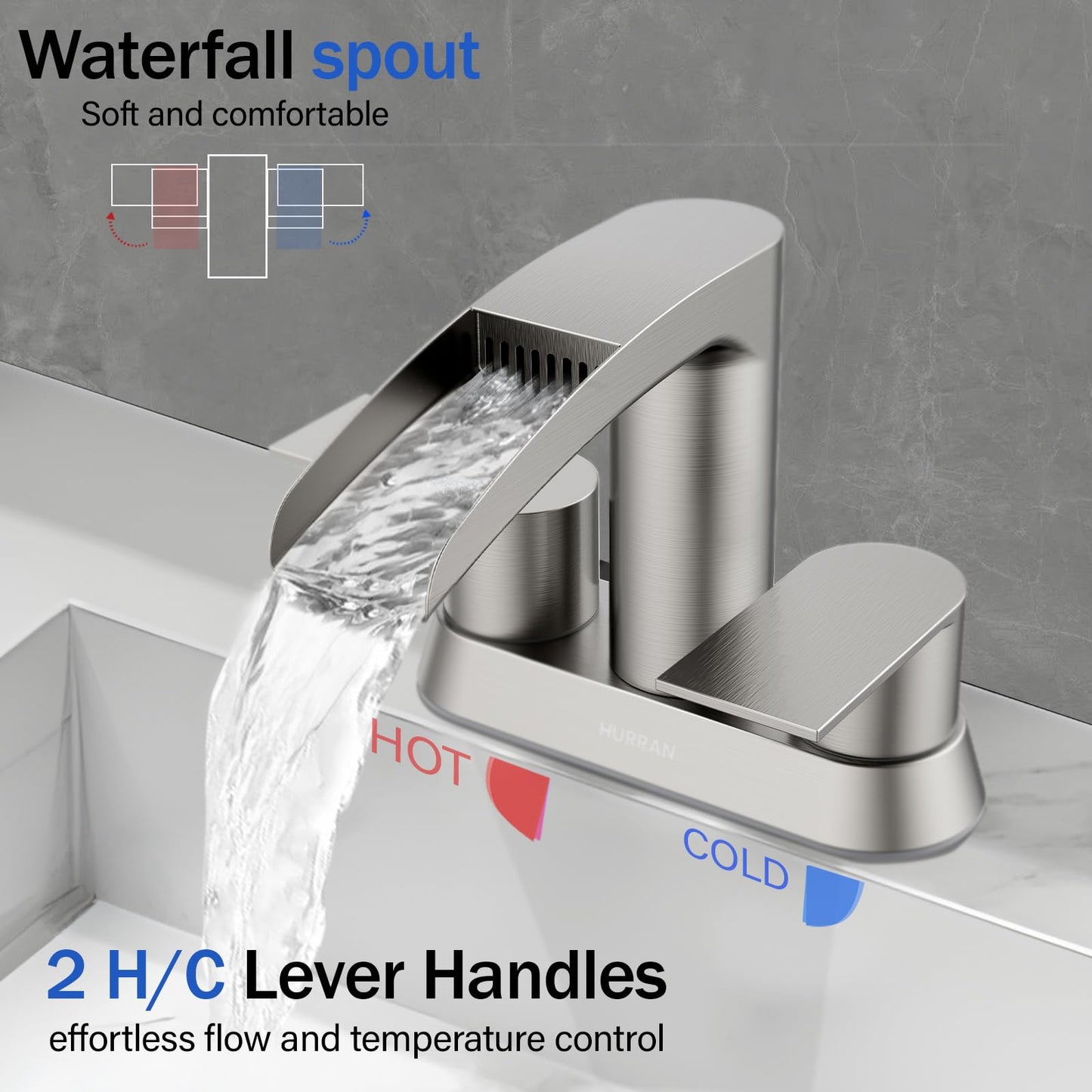 Bathroom Sink Faucet for 3 Hole, Hurran 4 Inch Bathroom Faucets with Pop-up Drain, Stainless Steel 2-Handle Waterfall Faucet for Sink, Brushed Nickel