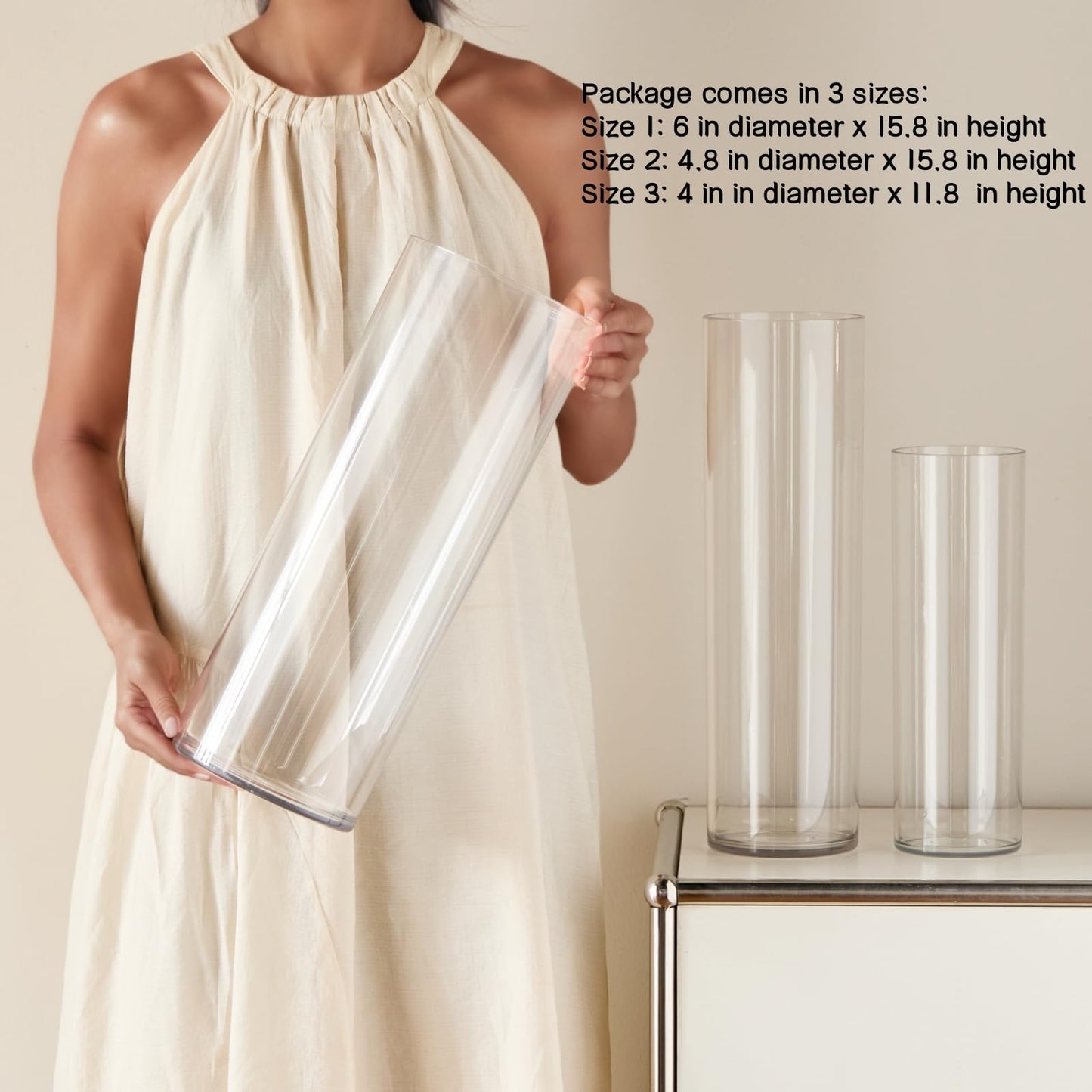 3 Clear Acrylic Cylinder Vase for Centerpieces, Tall Cylinder Plastic Hurricane Vases, Large Unbreakable Flower Vases for Wedding Bouquet (D 4.8", D 6" X H 15.8" +D 4" X H 12") 3 Different Sizes