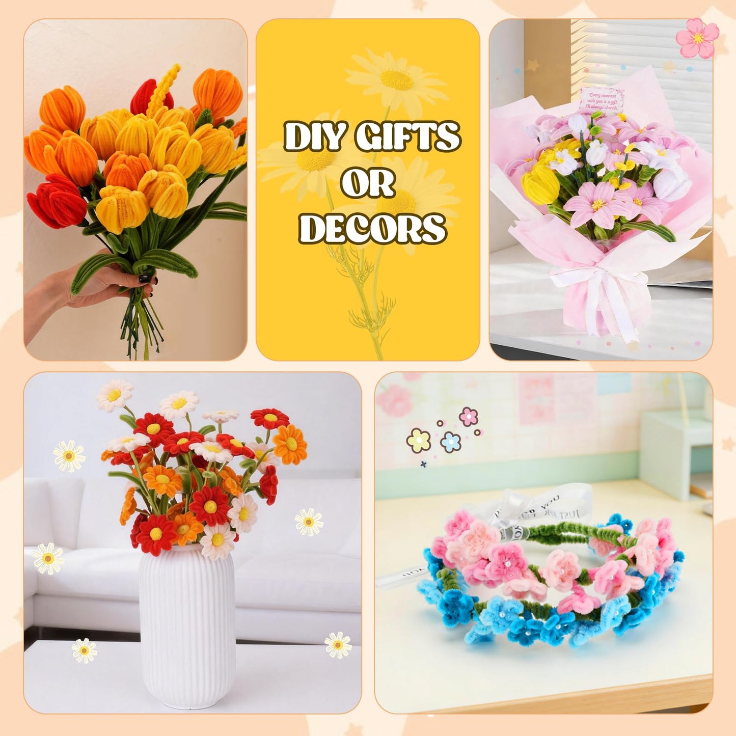 900PCS Pipe Cleaners Flower Kit, Pipe Cleaner Bulk Craft Flower Making Kit with Instruction, 8 Colors Thick Chenille Stems for Arts DIY Craft Supplies with Greeting Card, Floral Wires, Tape, Stamen