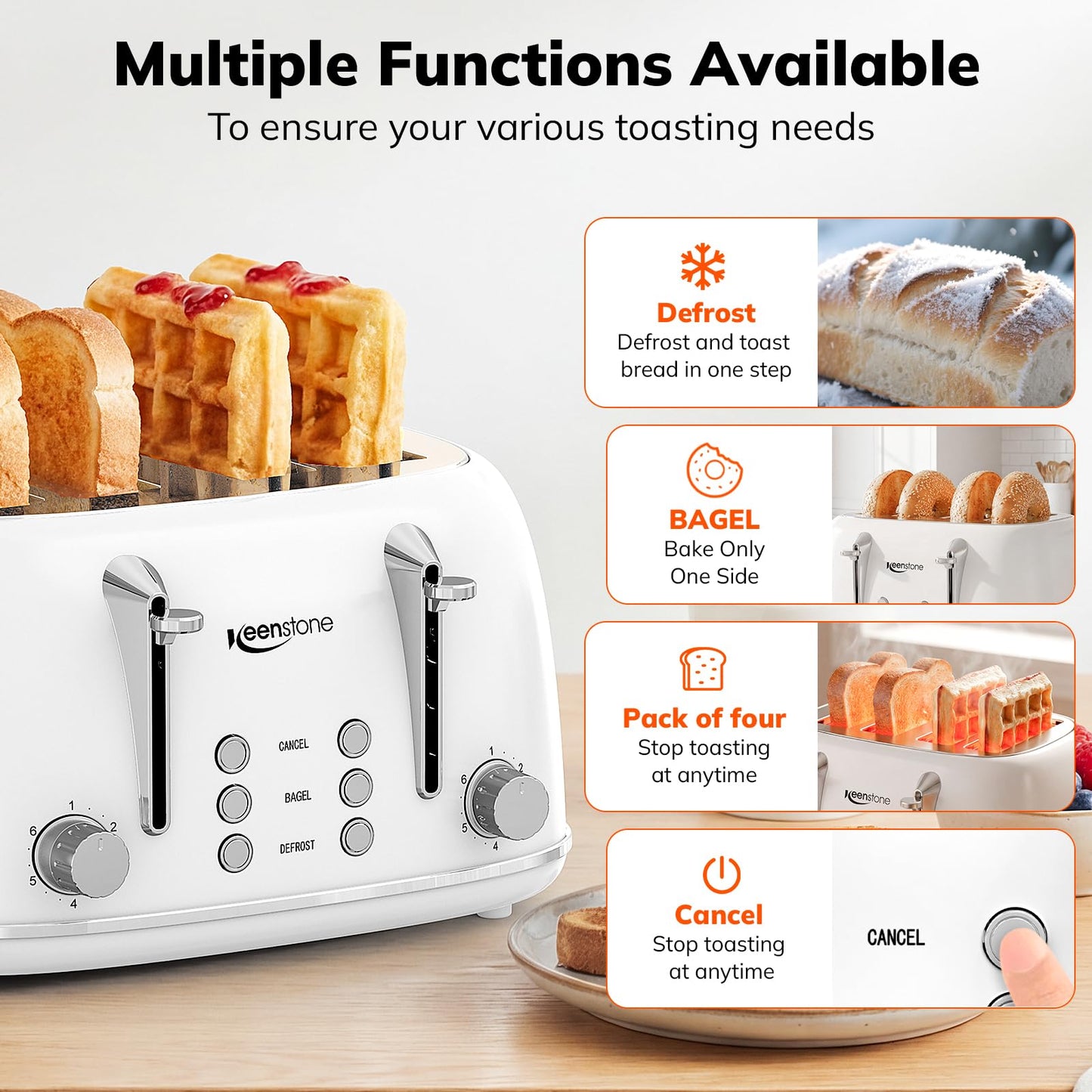 Keenstone Toaster 4 Slice, Retro Stainless Steel Wide Slot Toaster with Dual Independent Controls, 6 Browning Levels, Bagel, Defrost, Reheat & Cancel, Removable Crumb Tray, White