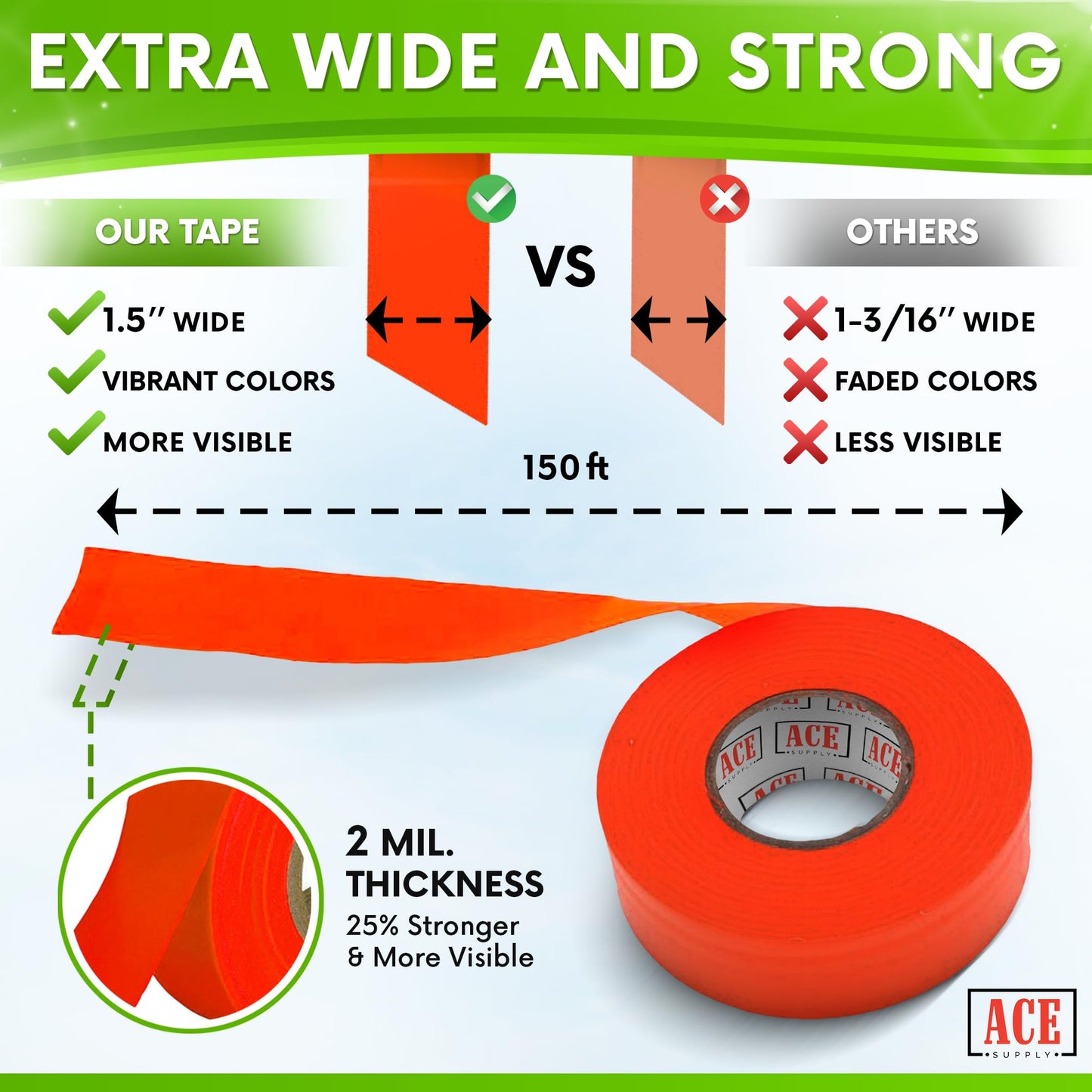 ACE Supply Orange Flagging Tape 24 Pack - Non-Adhesive Survey Tape - 1.5 Inch Width, 150 Ft Length, 2 Mil - Tree Marking Ribbon, Surveyors Ribbon