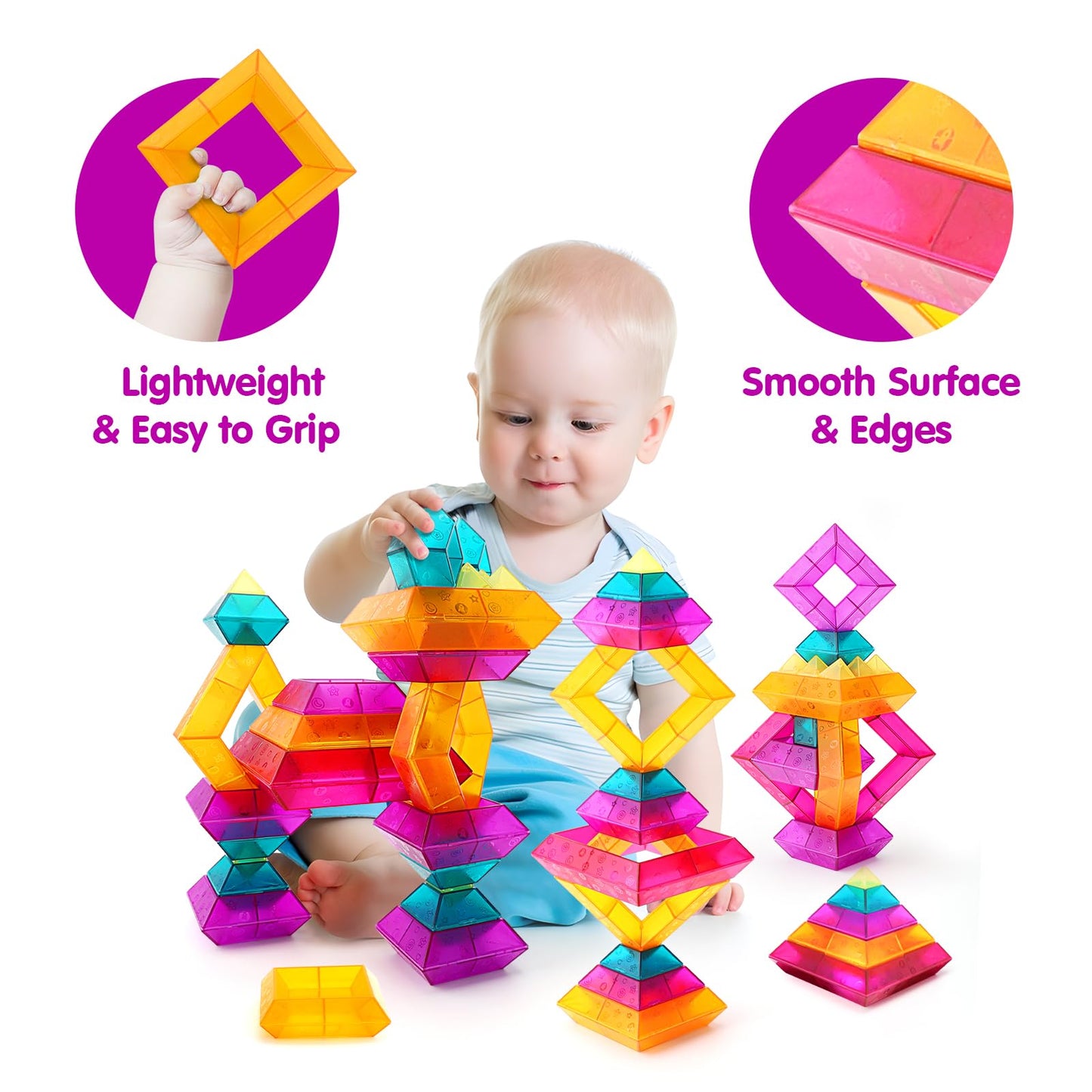 Translucent Building Blocks Set with Toy Storage Bag, 30 Pieces Light Through Stacking Toys for Ages 3+ and Up STEM Kindergarten Education Light Table Gift for Toddlers & Kids