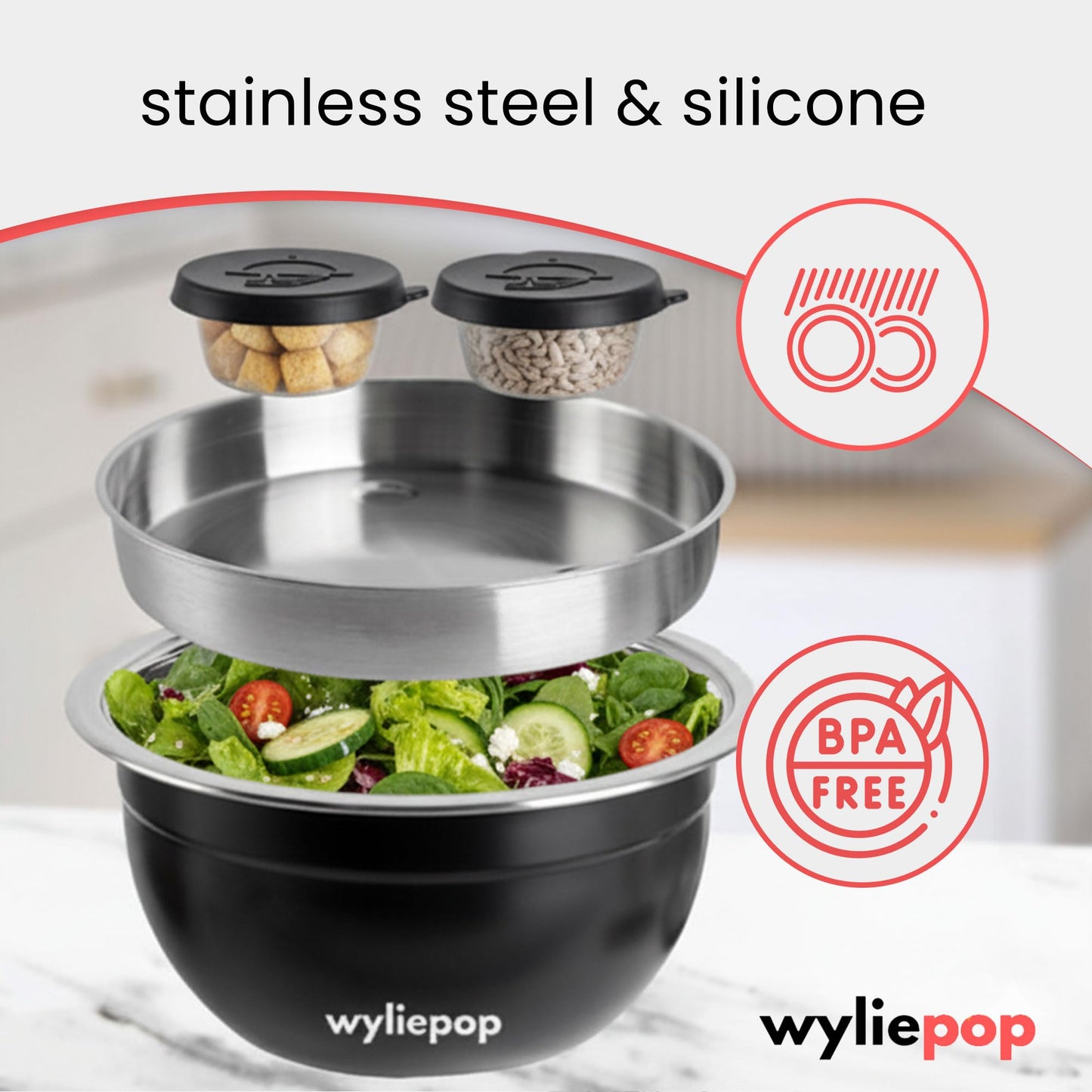 Wyliepop 64oz Stainless Steel Salad Bowl Kit & 3Pcs Bamboo Cutlery Set with 2x Condiment Containers, Insert Tray, Bowl & Leakproof Lid - Salad Bowl To Go Lunch Portable Reusable