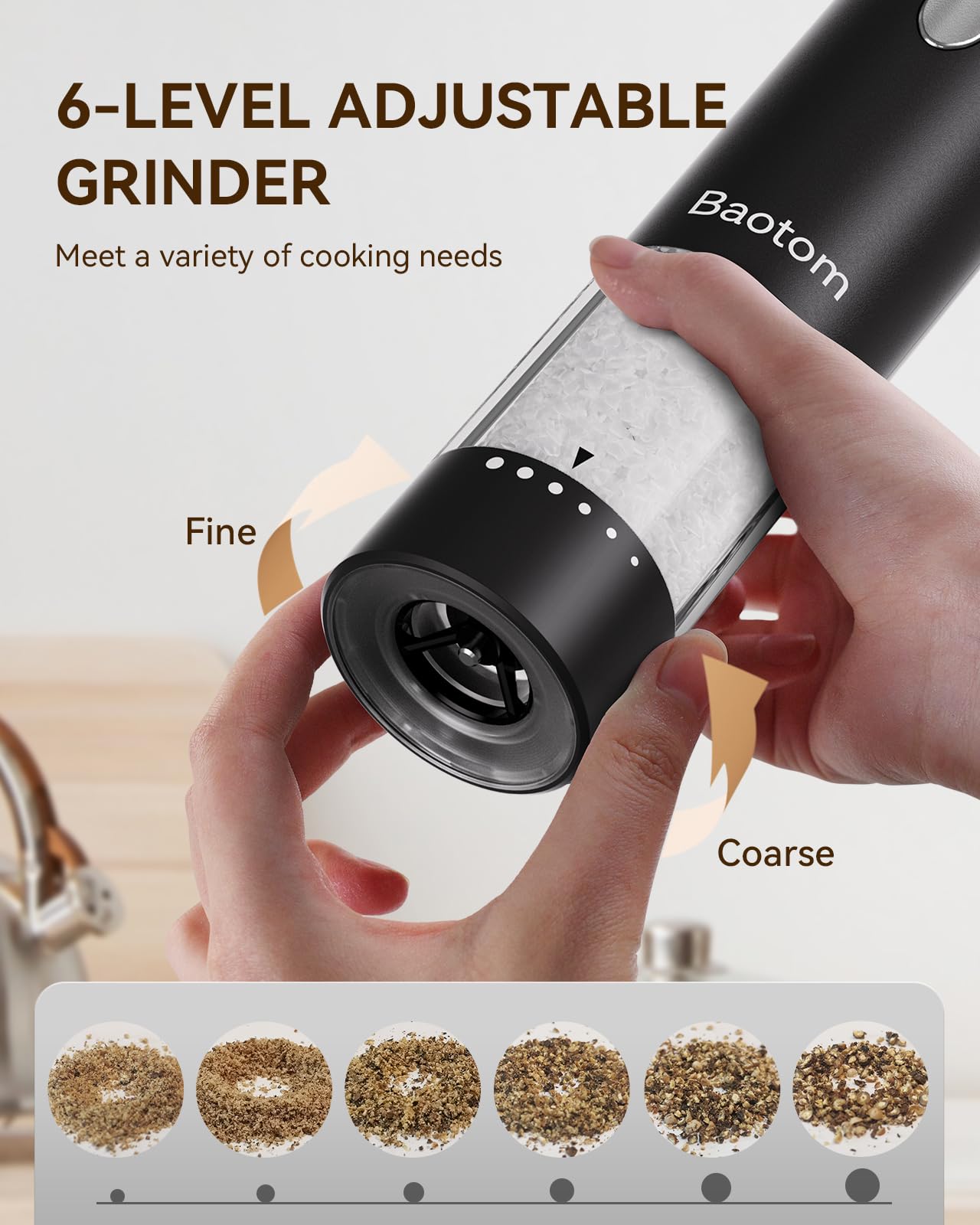 Baotom Electric Salt and Pepper Grinder Set with Dual Charging Base, 6 Adjustable Coarseness Levels & External Grind Settings, One-handed Operation Salt and Pepper Mills with LED Light,Black & White