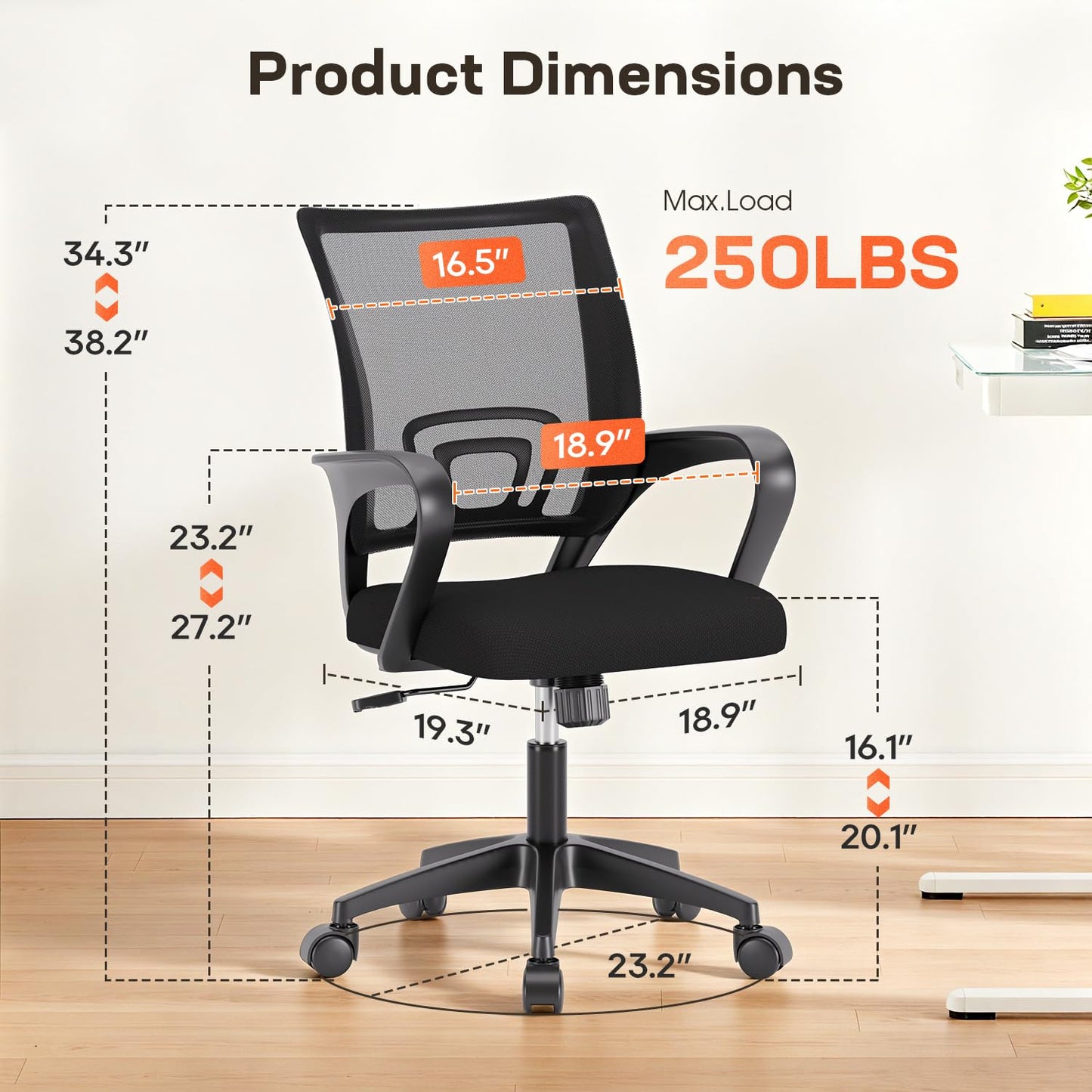 BestOffice | Ergonomic Office Chair | Mid-Back Swivel Desk Chair | Breathable Backrest & Lumbar Support | Adjustable Height | Sponge Seat | Rolling Wheels | Dark Black | for Adults & Women