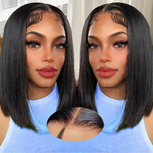 Bob Wig Human Hair Straight Glueless Wear and Go Pre Plucked Pre Cut 5x5 Hd Closure Bob Wig with Baby Hair Short Bob lace front Wigs for Women Brazilian Virgin Hair 180% Density Natural Black 14 Inch