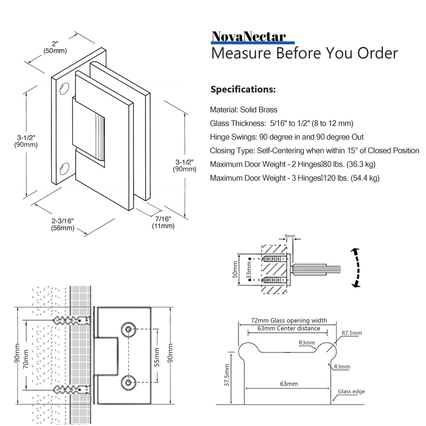 NovaNectar Brass Glass Door Hinge,90 Degree Heavy Duty Short Back Plate Hinges, Shower Door Hardware Replacement for 5/16" to 1/2" (8 to 12 mm) Tempered Glass, Chrome