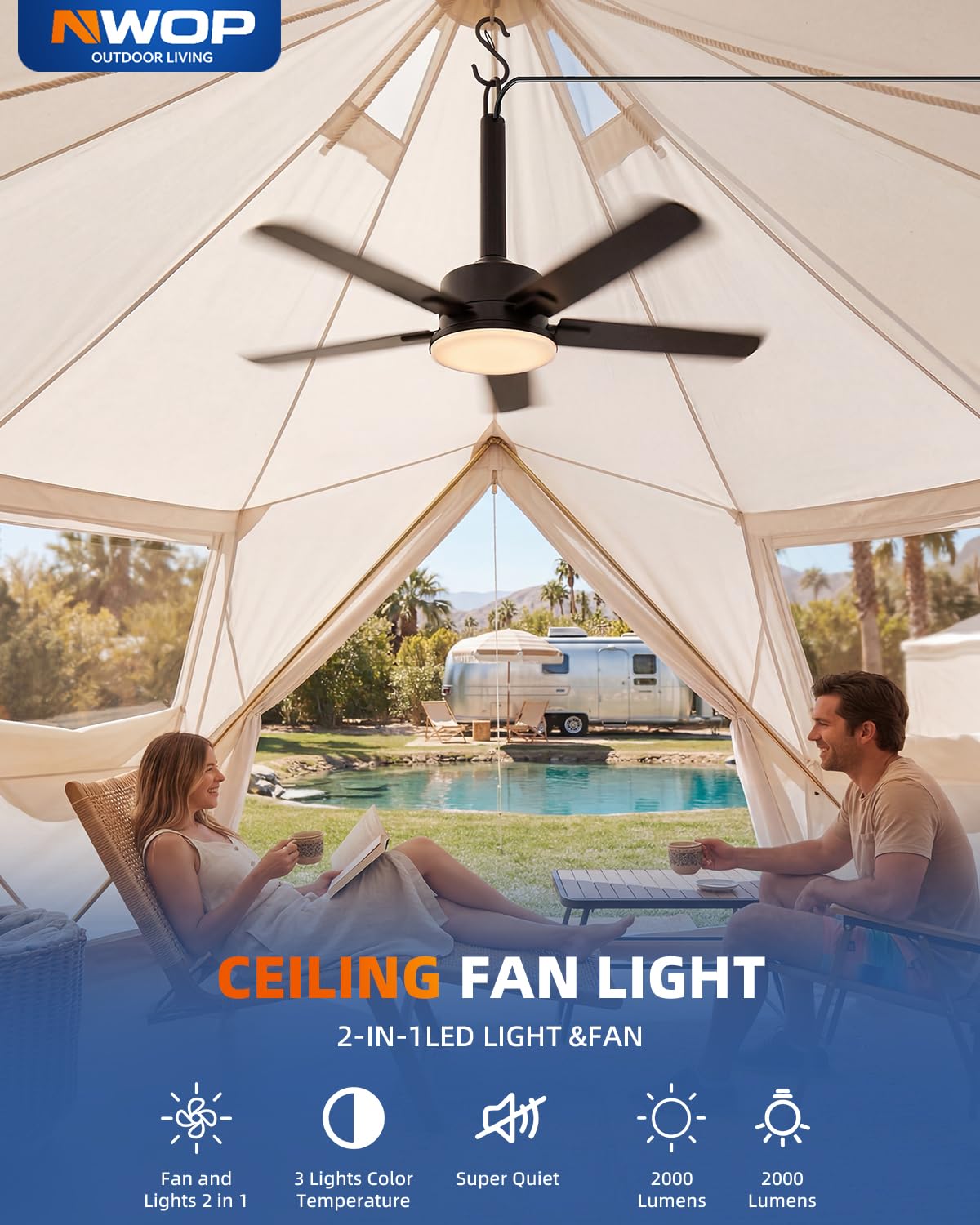 NWOP 20 Inch Plug-In Outdoor Ceiling Fan with Light and Remote, Waterproof Wet Rated Mini Ceiling Fan for Small Spaces, 5 Blade Quiet Compact Ceiling Fan for Patio Balcony Gazebo Porch, Black