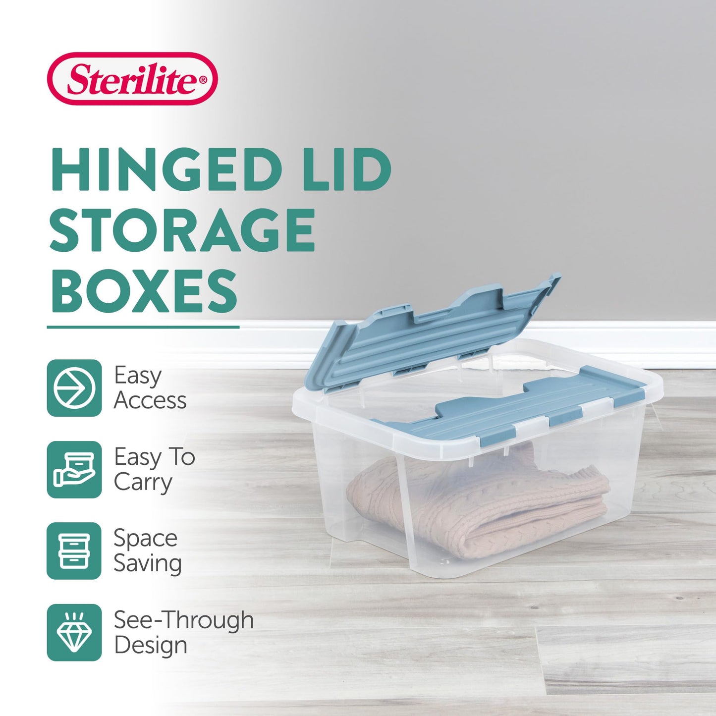 Sterilite 6-Pack Hinged Lid Storage Box, Plastic Organizer Containers, 20 Qt, Washed Blue - Large Stackable Tote Boxes with Lids for Home, Closet, Cabinet, Classroom, and Office Organization