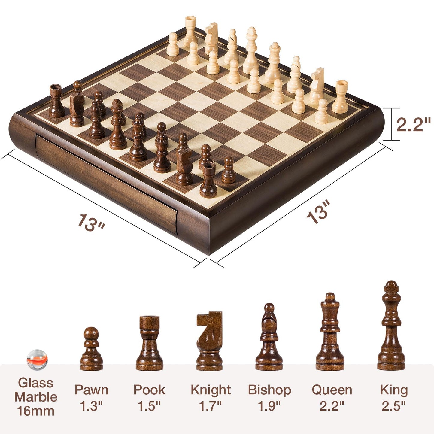 ELONGDI 2 in 1 Magnetic Chess Set & Chinese Checkers 13" Wooden Board Game with Storage Drawer and 60 Glass Marbles + Bonus 12 Spare & 2 Extra Queens,for Kids and Adults