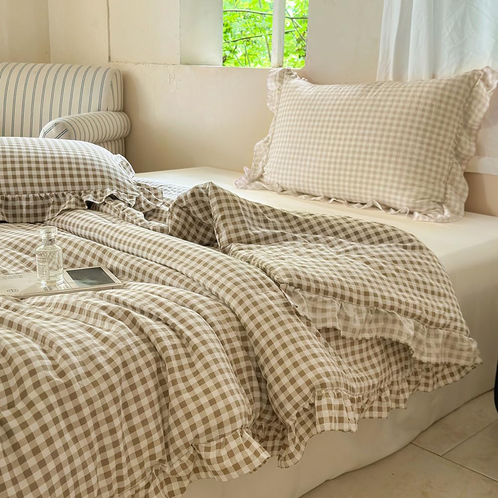 NSNLGSGC Tan Ruffle Gingham Comforter Set Queen, Pre-Washed Ruffled Taupe Plaid Checked Comforter Bedding, 3 Pieces Vintage Farmhouse Grid Bedding Set(Tan Gingham, Queen)