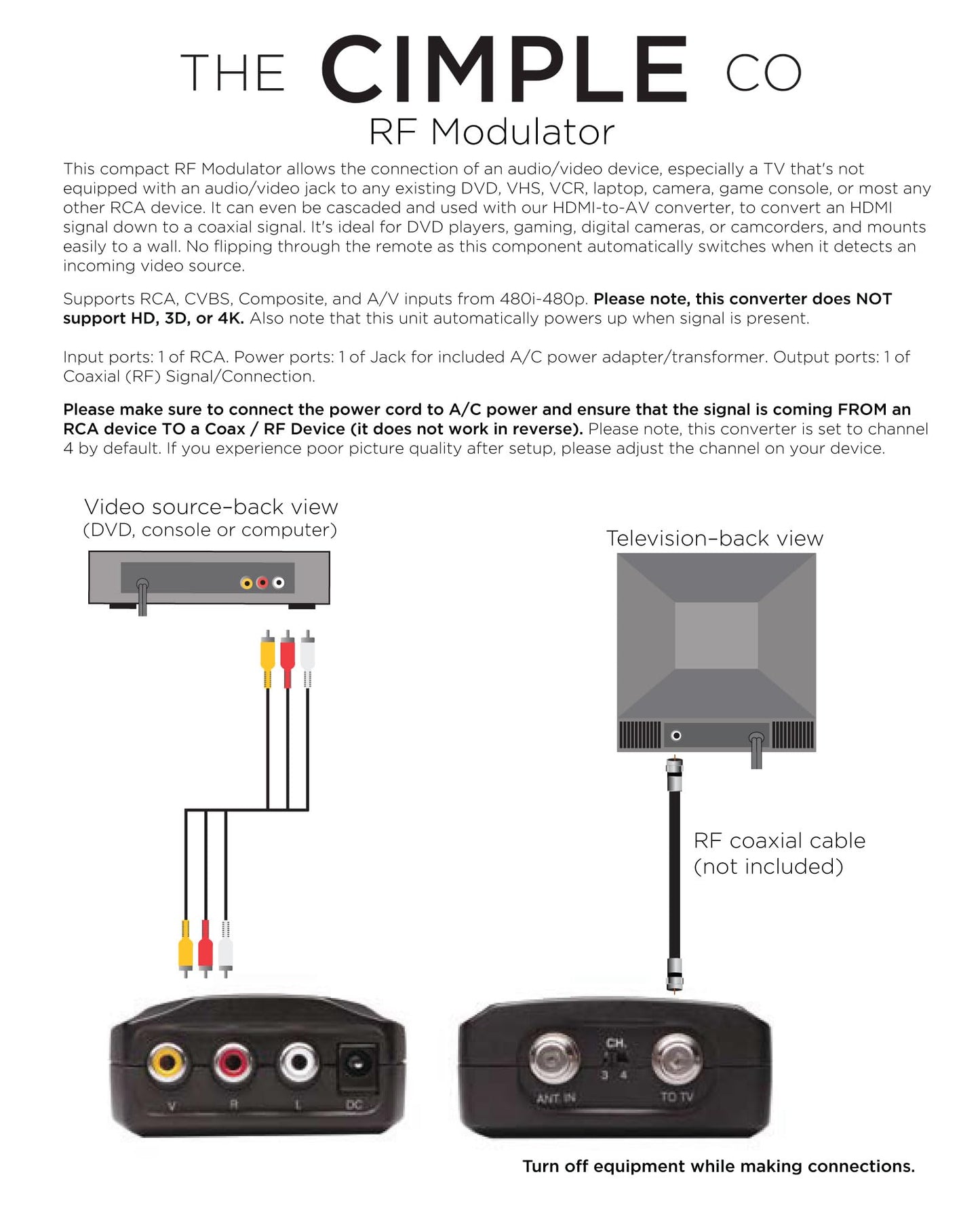 THE CIMPLE CO - RF Modulator, RCA Composite to RF Coaxial Adapter, Converts Standard Definition Signals to Coax, Watch DVD, VHS, Game Consoles on TV, Includes A/V Cable