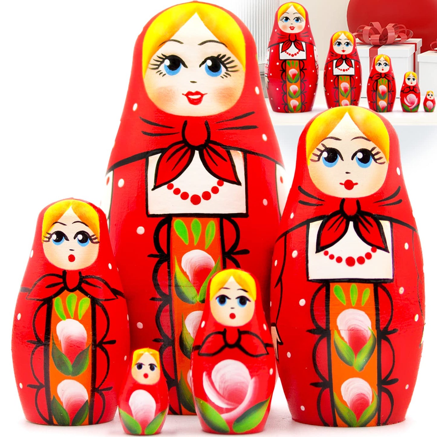 AEVVV Russian Red Matryoshka Dolls Set of 5 pcs - Wooden Hand Painted Nesting Dolls - Traditional Russian Dolls