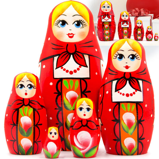 AEVVV Russian Red Matryoshka Dolls Set of 5 pcs - Wooden Hand Painted Nesting Dolls - Traditional Russian Dolls