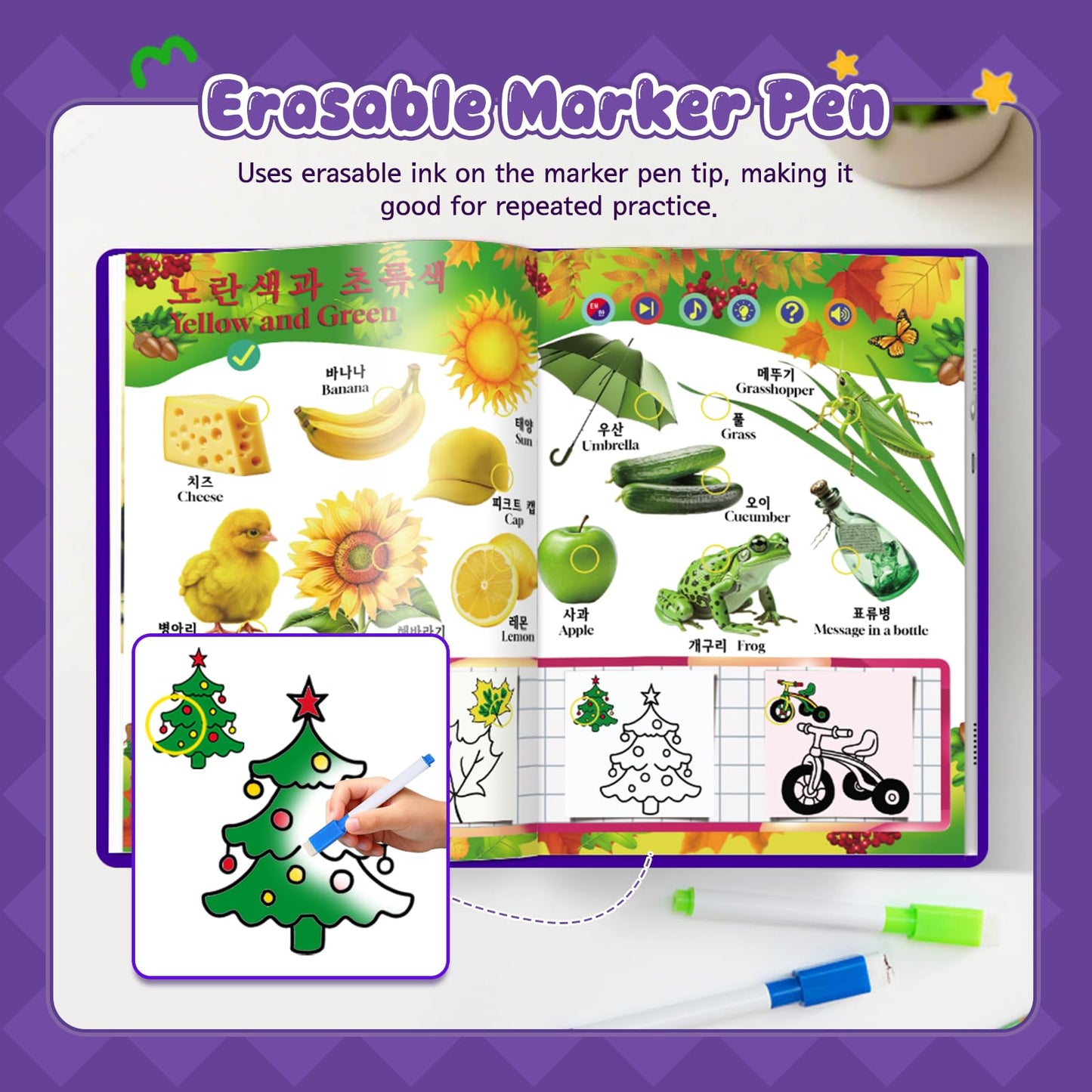 biidi English & Korean Bilingual Sound Book Colors & Shapes | 1200+ Sounds Songs Stories | Erasable Drawing Rechargeable | Toddler Learning Toy Gift for Kids 2-6 Years Old | Preschool Educational Toy