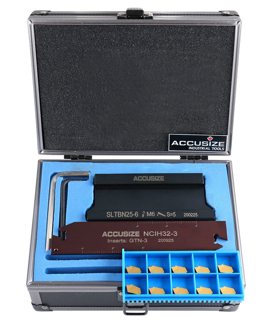 Accusize Industrial Tools 1'' Self-Lock Block Sltbn25.4-6 with 10 Pcs Gtn-3 Carbide Inserts and 1 Pc 0.120'' Width Ncih32-3 Blade, 2410-1010