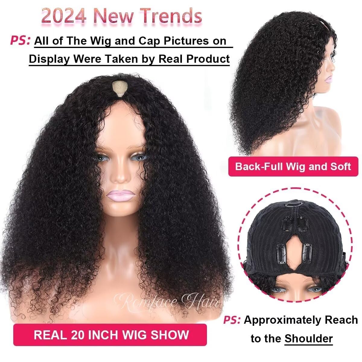 Romface V Part Human Hair Wig for Women 180% Density Brazilian Remy Curly Human Hair No Leave Out Upgrade U part Wigs Afro Kinky Curly V Part Wigs No Sew In No Glue Natural Color 16 inch