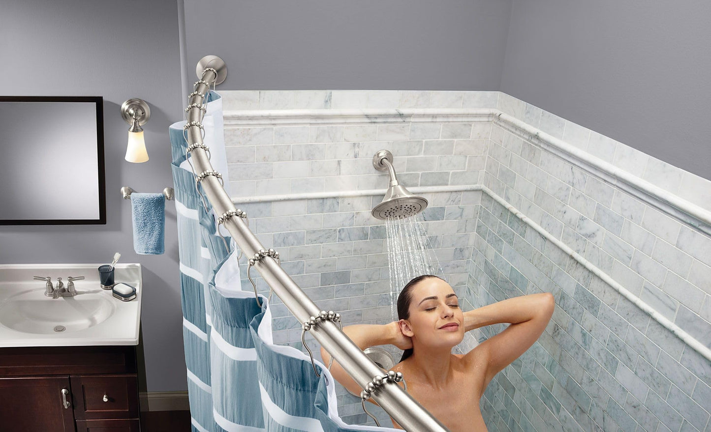 Moen Curved Adjustable Spring Tension No Drill Shower Curtain Rod for Bathroom, Brushed Nickel Finish, CSR2172BN