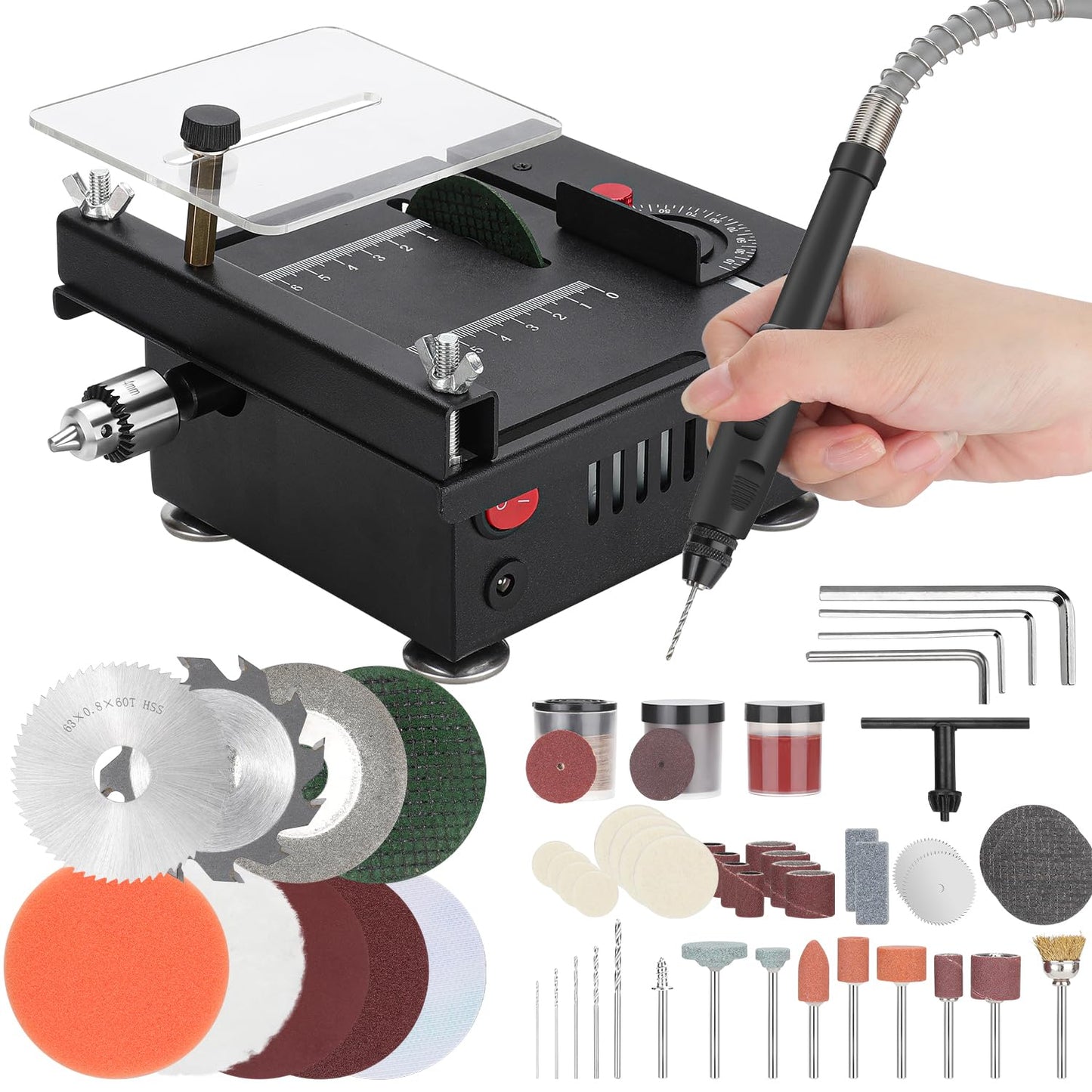 Healthible Mini Table Saw, Multi-functional Portable Adjustable | Cutting | Sanding | Engraving | All-in-One Machine, Precision Handmade Table Saw, 4 Types of Blades, 7 Levels of Speed Adjustment